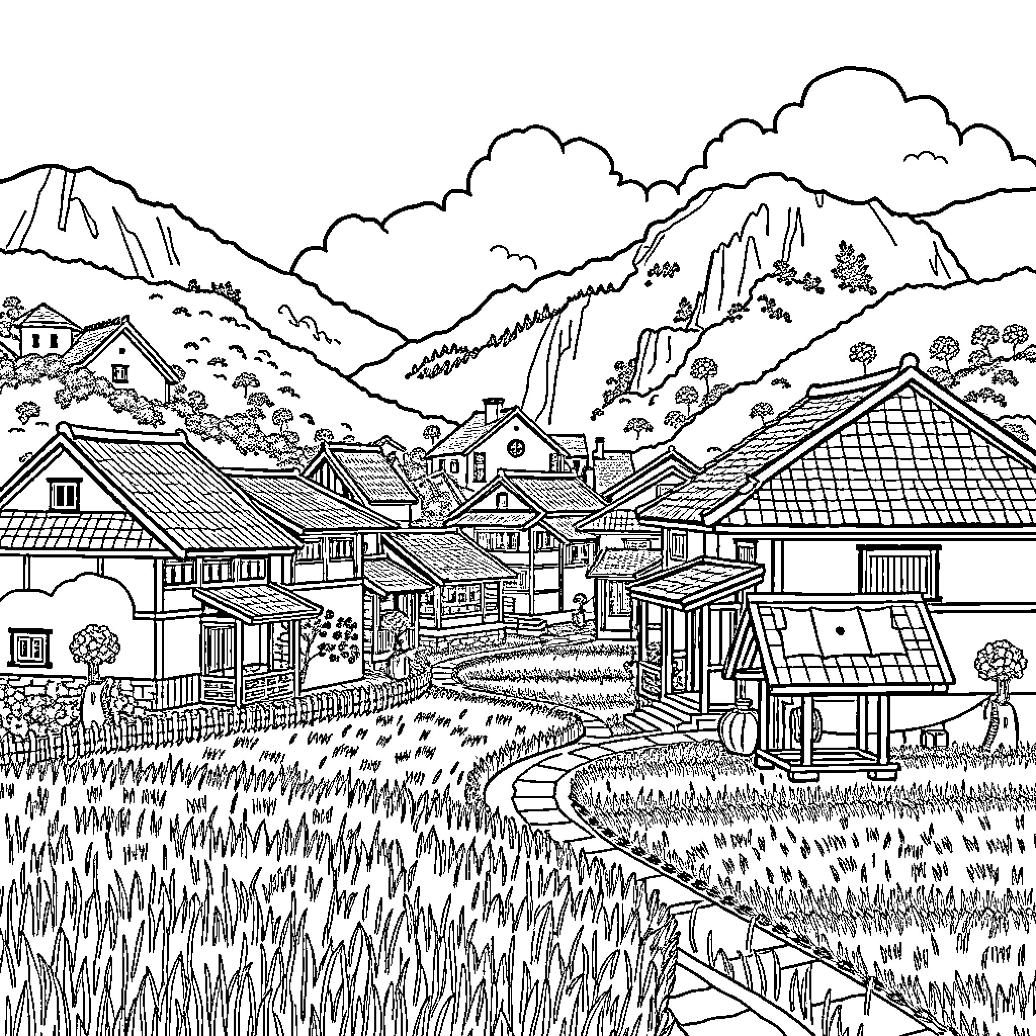 Village with Rural Mountain Landscape Coloring Page (free black-and-white line drawing printable PDF for all, from beginners to advanced learners, including children, teens, adults, and seniors)