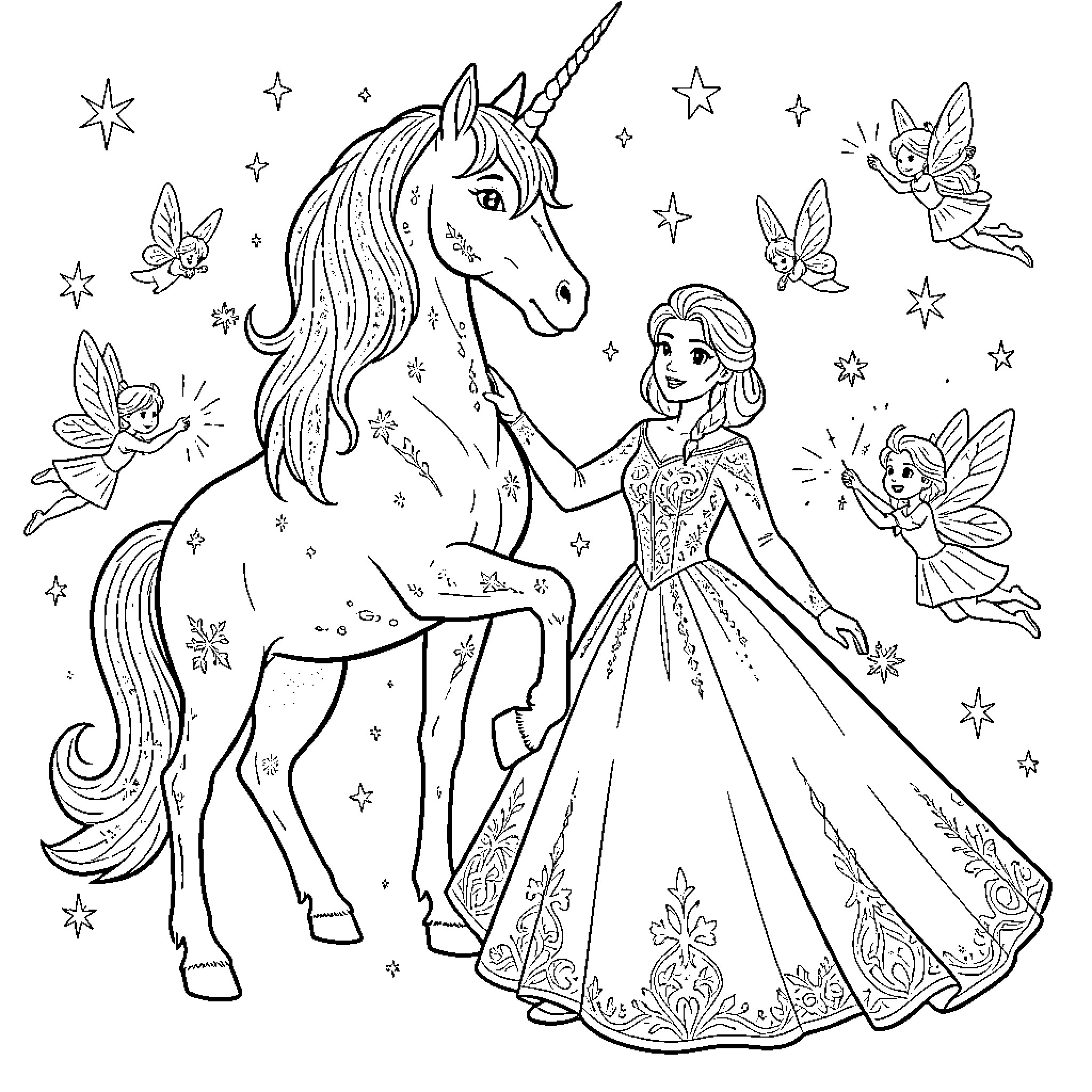 Queen in Enchanted Unicorn Fairy Tale Coloring Page (free black-and-white line drawing printable PDF for all, from beginners to advanced learners, including children, teens, adults, and seniors)