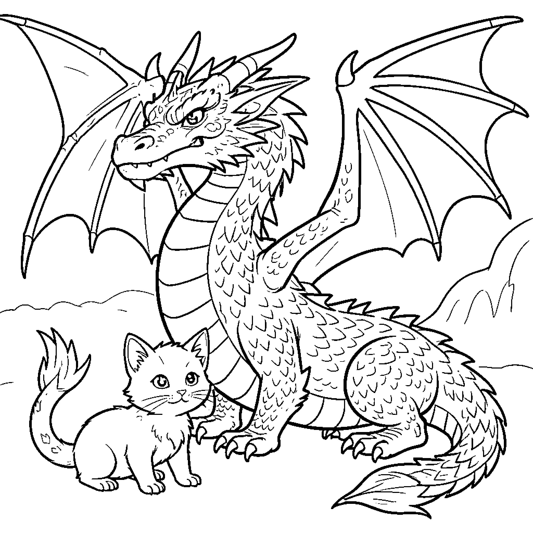Kitten sitting beside a large friendly dragon Coloring Page (free black-and-white line drawing printable PDF for all, from beginners to advanced learners, including children, teens, adults, and seniors)