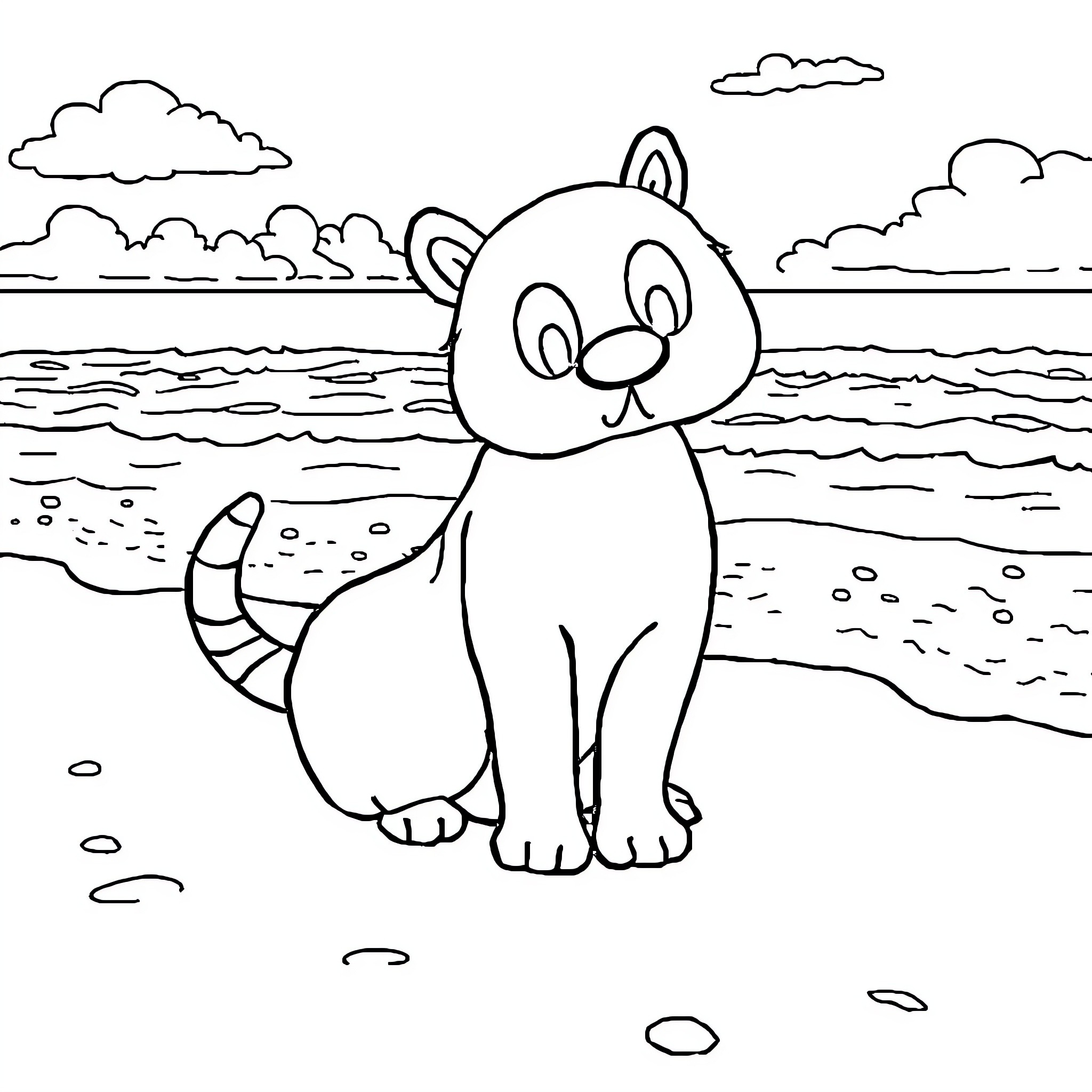 Beach cat enjoying the scenery Coloring Page (free black-and-white line drawing printable PDF for all, from beginners to advanced learners, including children, teens, adults, and seniors)