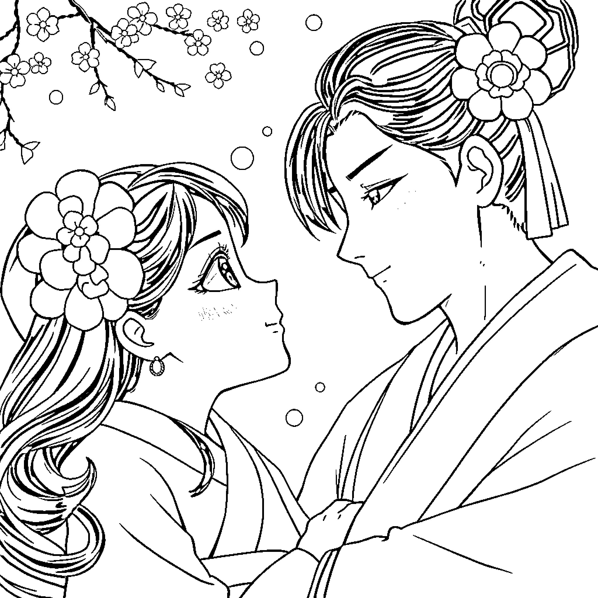 Nezuko and Tanjiro in a floral embrace Coloring Page (free black-and-white line drawing printable PDF for all, from beginners to advanced learners, including children, teens, adults, and seniors)