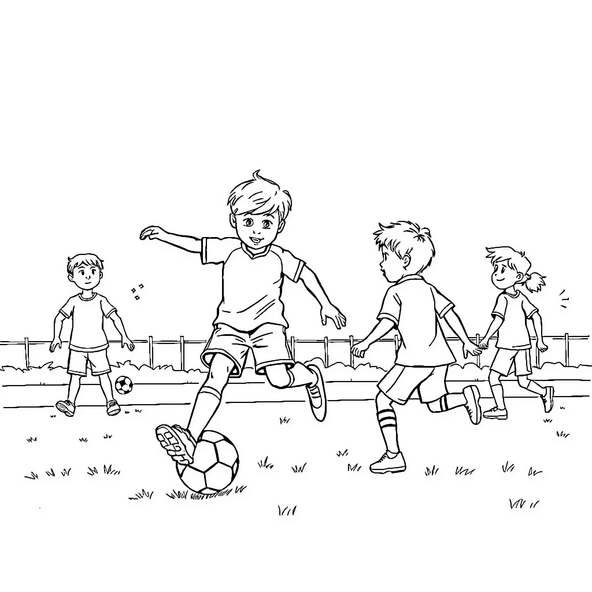 Jünter and Friends Playing Soccer on the Field Coloring Page (free black-and-white line drawing printable PDF for all, from beginners to advanced learners, including children, teens, adults, and seniors)
