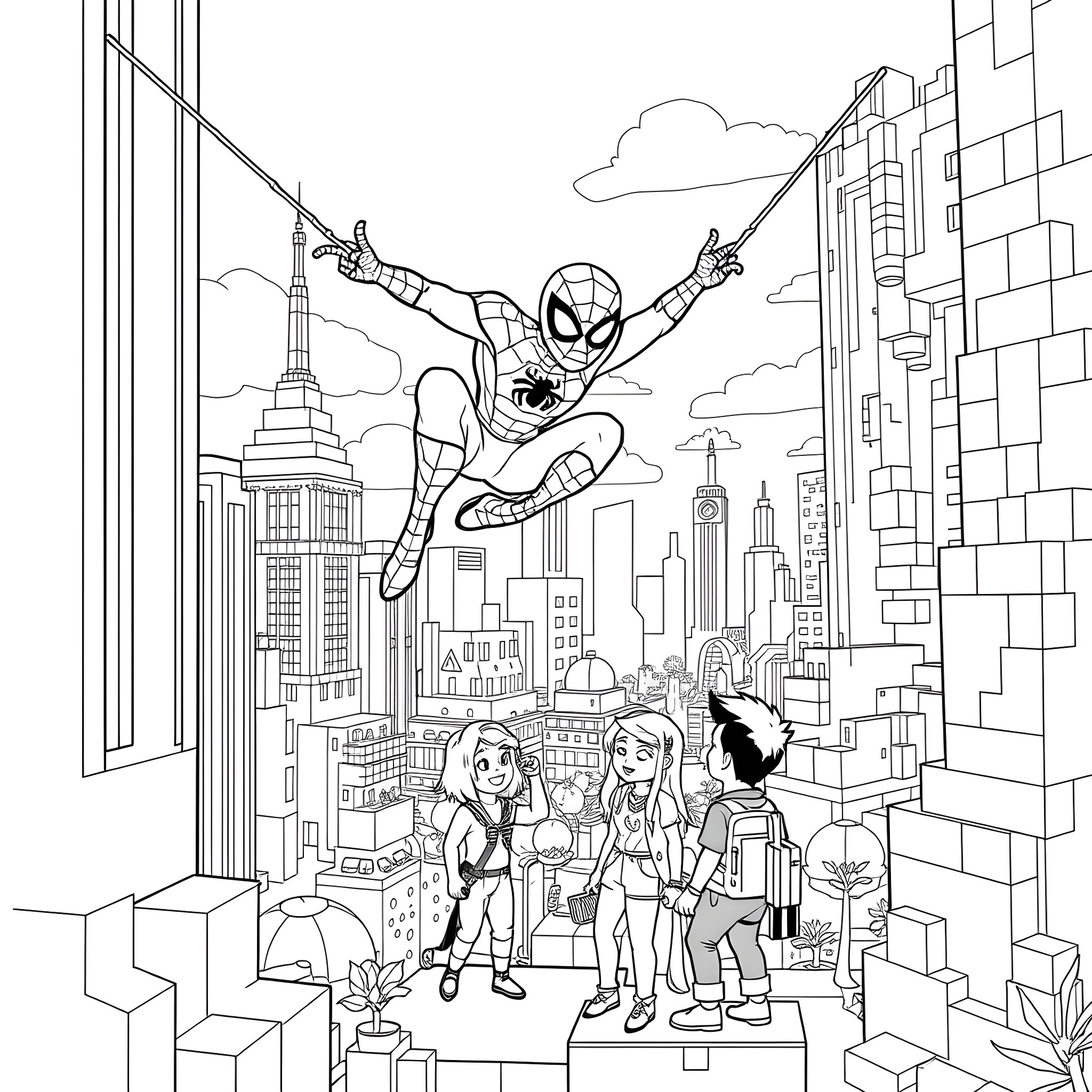 Spiderman swinging through the city with friends Coloring Page (free black-and-white line drawing printable PDF for all, from beginners to advanced learners, including children, teens, adults, and seniors)