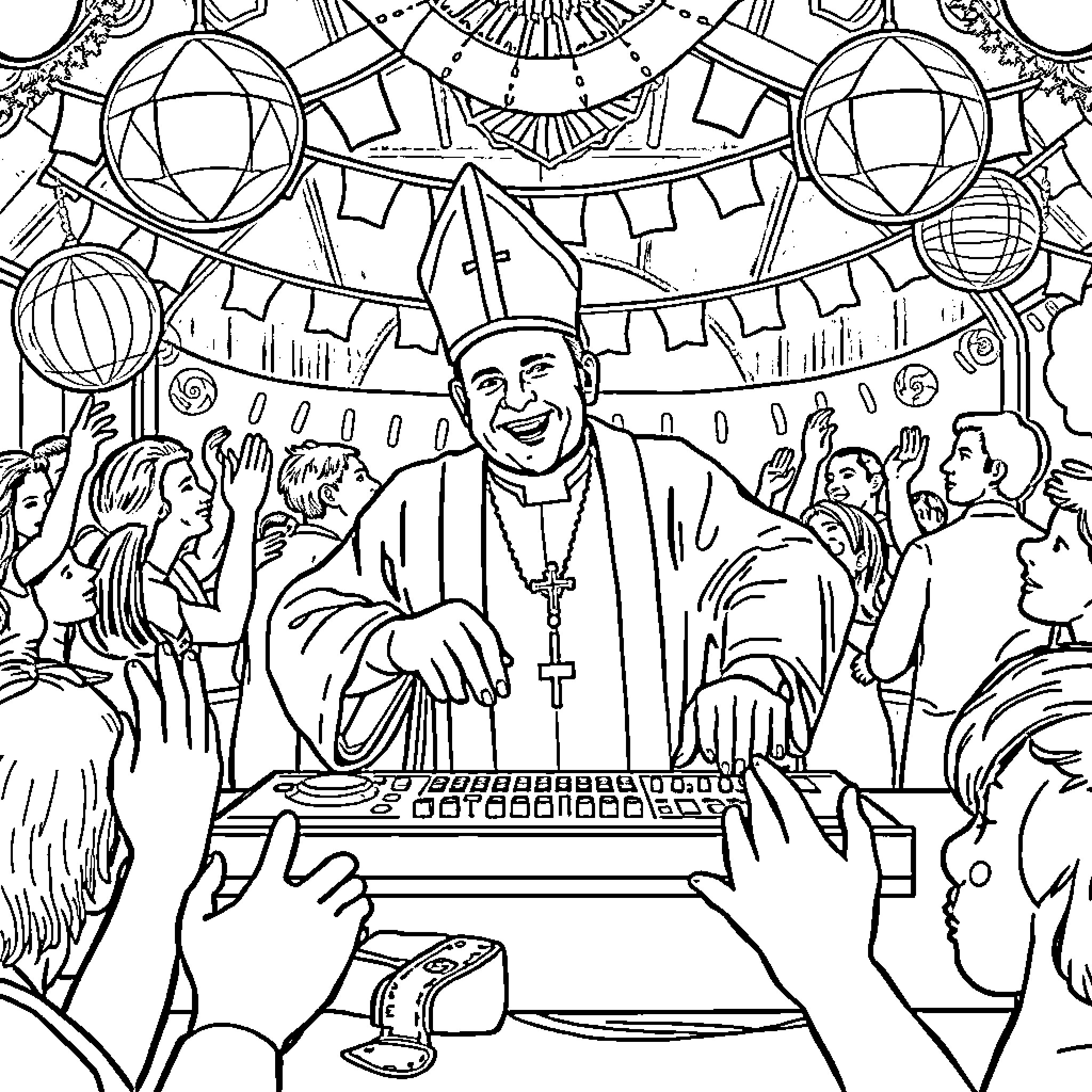 Bishop Presiding Over Congregation in Ornate Cathedral Coloring Page (free black-and-white line drawing printable PDF for all, from beginners to advanced learners, including children, teens, adults, and seniors)
