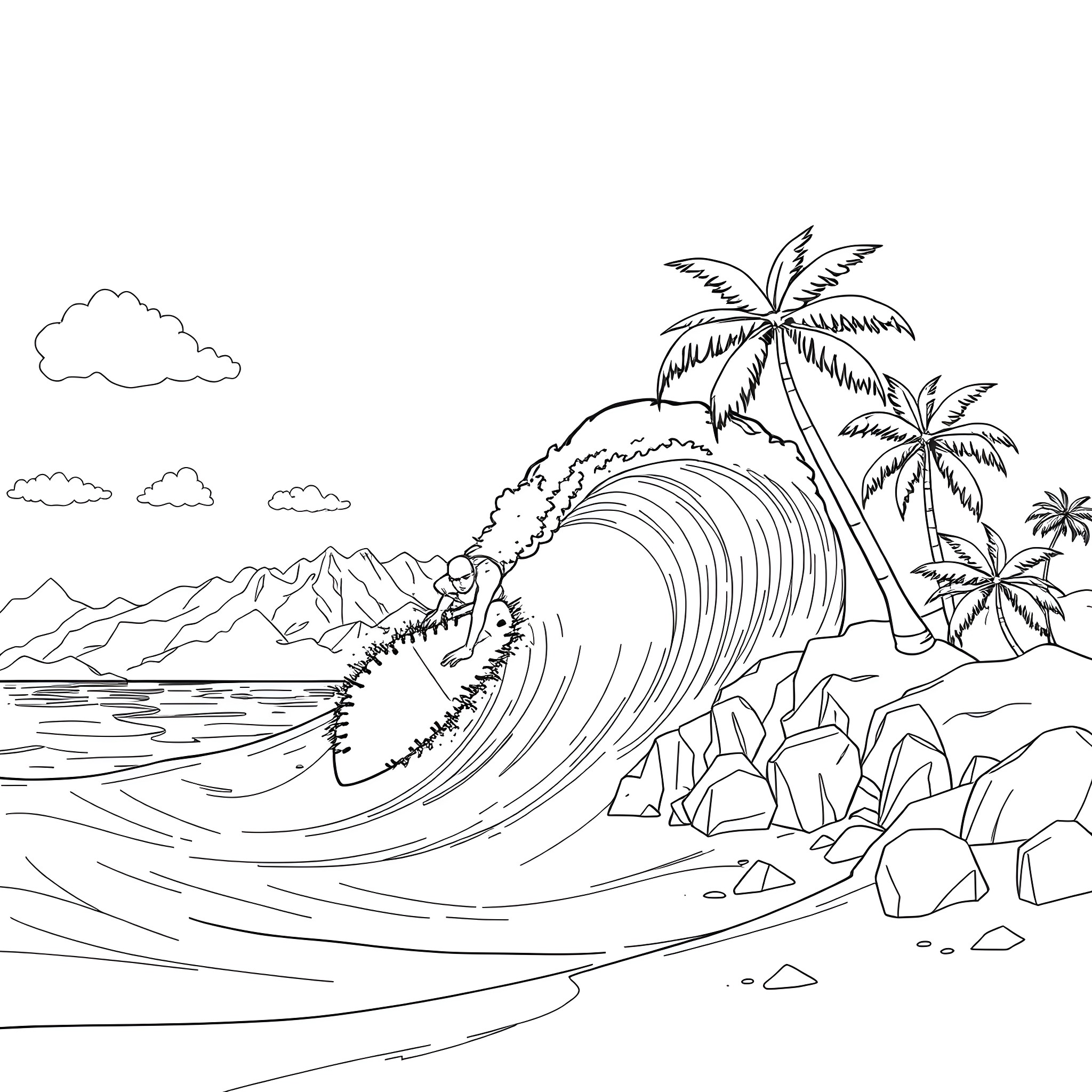 Surf adventure in tropical paradise Coloring Page (free black-and-white line drawing printable PDF for all, from beginners to advanced learners, including children, teens, adults, and seniors)