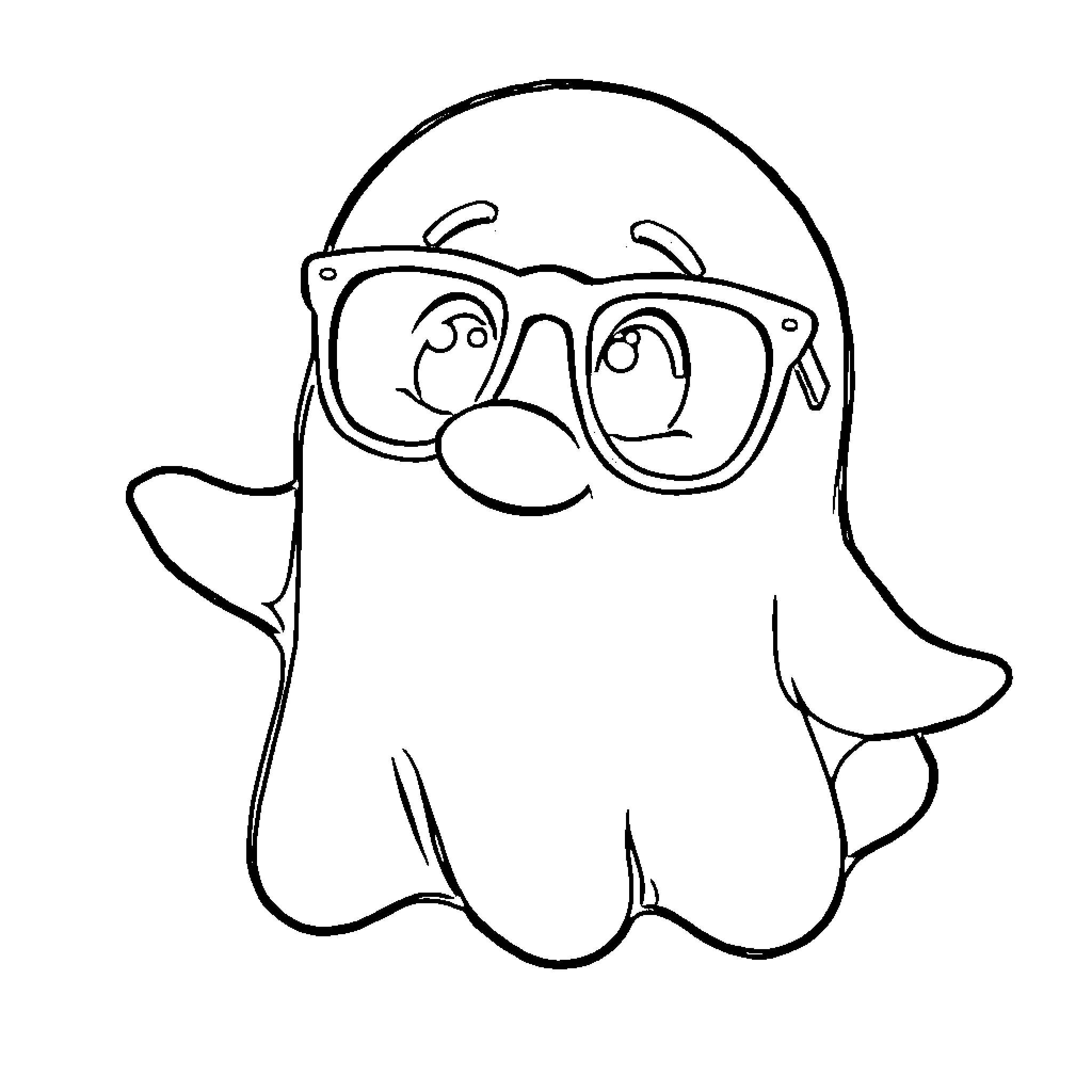 Ghost wearing glasses in a silly pose Coloring Page (free black-and-white line drawing printable PDF for all, from beginners to advanced learners, including children, teens, adults, and seniors)