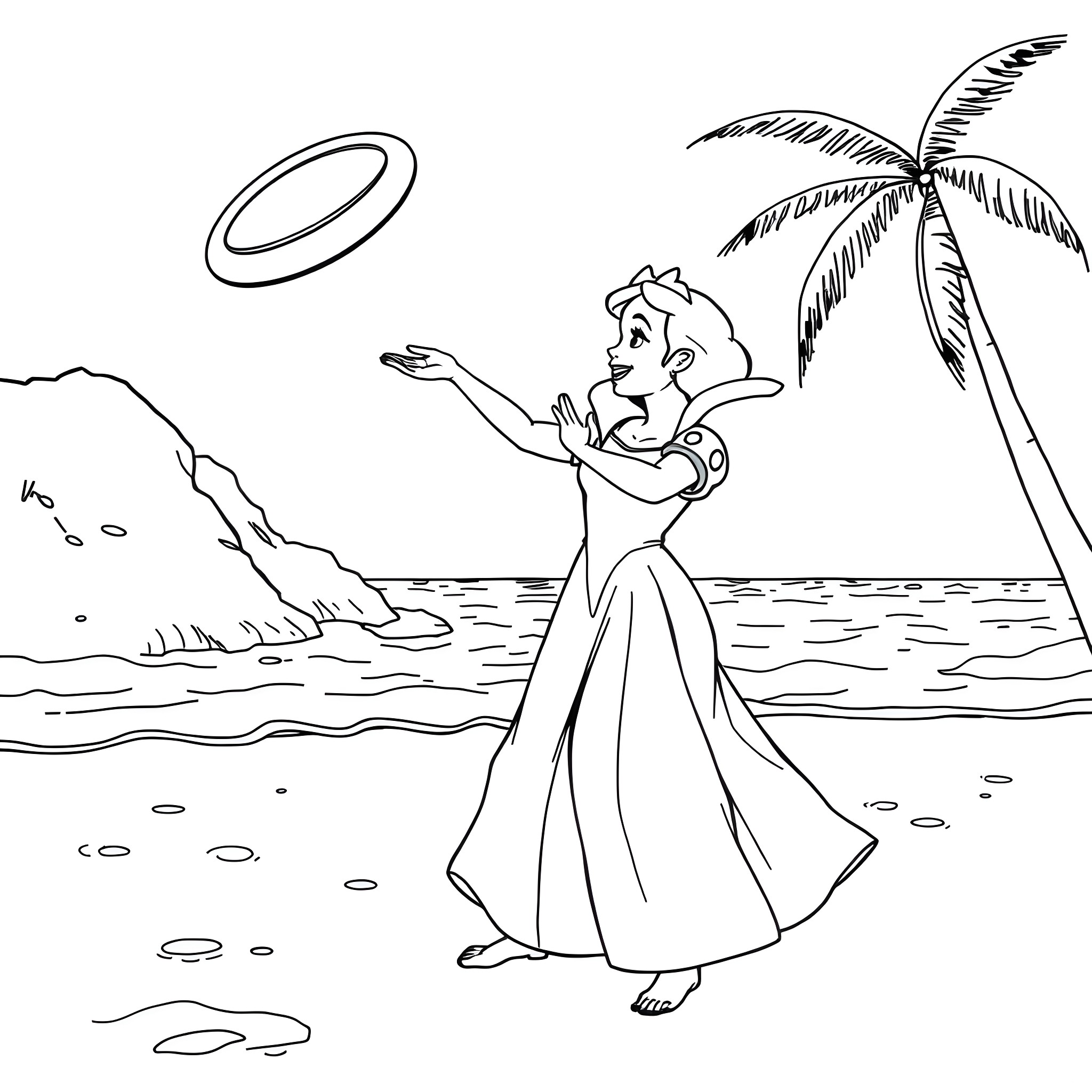 Snow White enjoying a sunny day on the beach Coloring Page (free black-and-white line drawing printable PDF for all, from beginners to advanced learners, including children, teens, adults, and seniors)