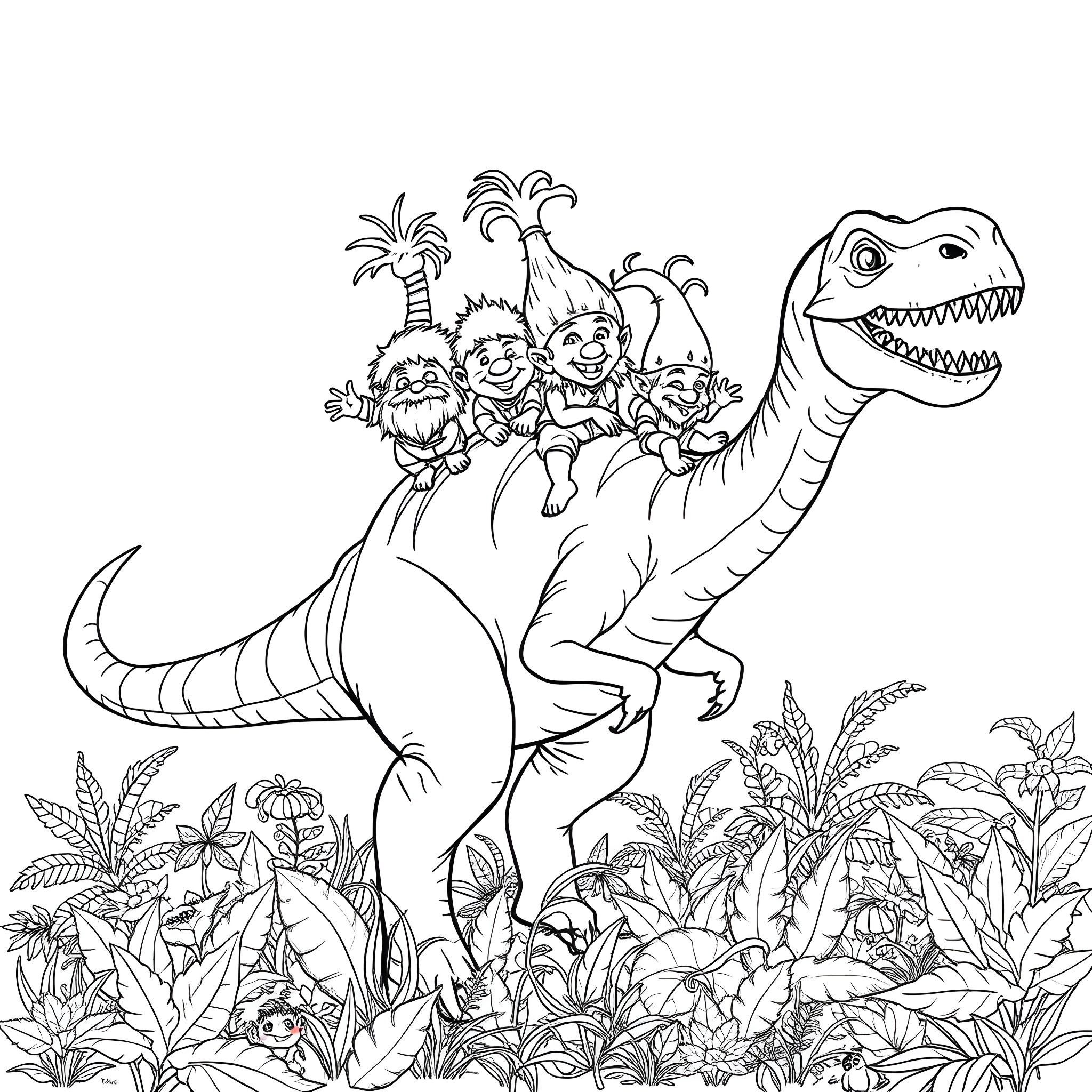 Troll friends riding on a friendly dinosaur Coloring Page (free black-and-white line drawing printable PDF for all, from beginners to advanced learners, including children, teens, adults, and seniors)