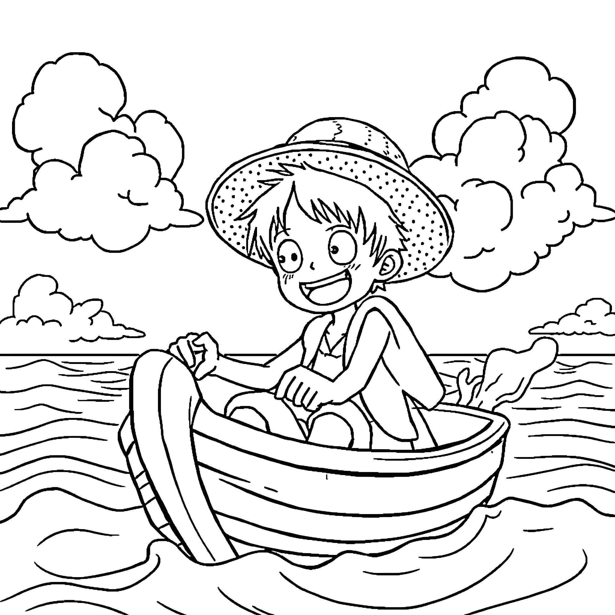 Luffy enjoying a boat ride on the waves Coloring Page (free black-and-white line drawing printable PDF for all, from beginners to advanced learners, including children, teens, adults, and seniors)