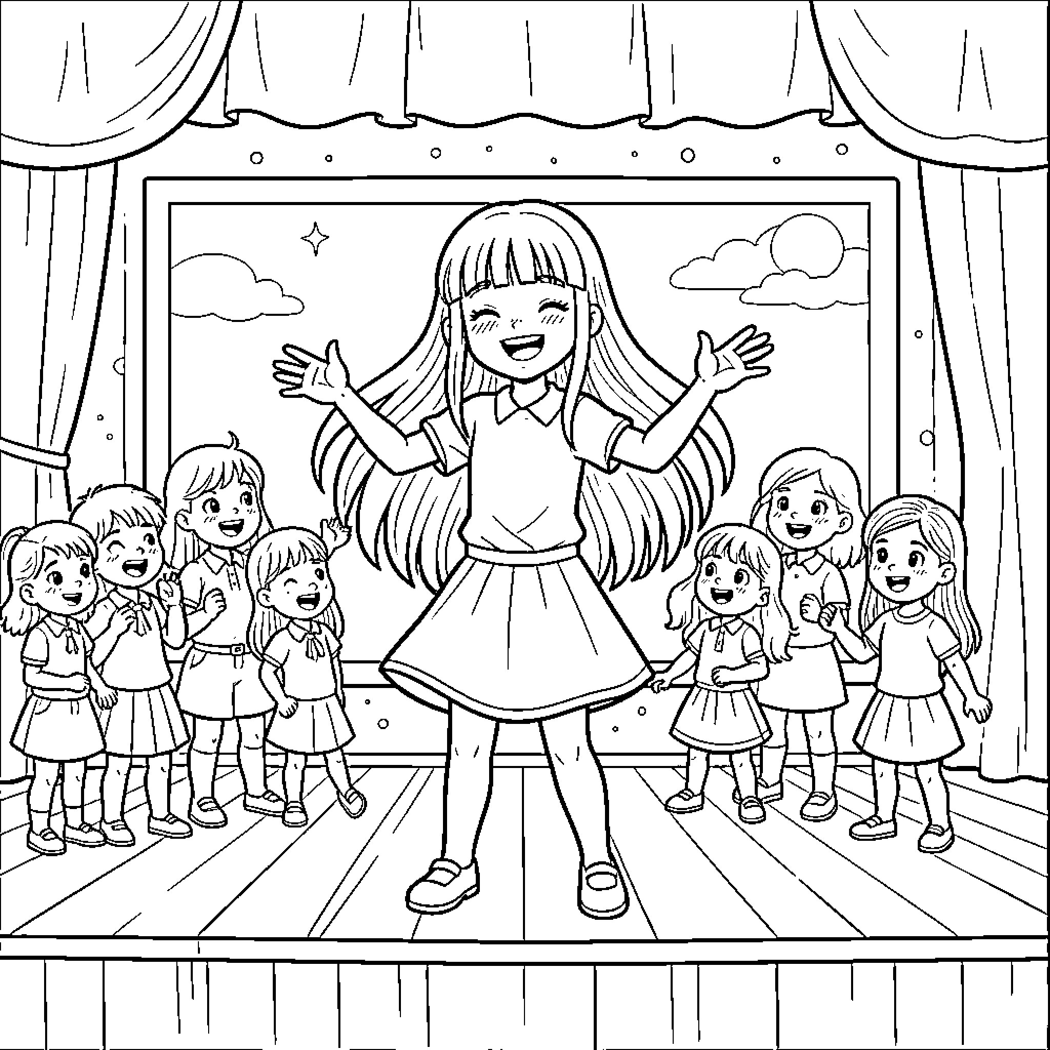 Daughter performing on stage with friends Coloring Page (free black-and-white line drawing printable PDF for all, from beginners to advanced learners, including children, teens, adults, and seniors)