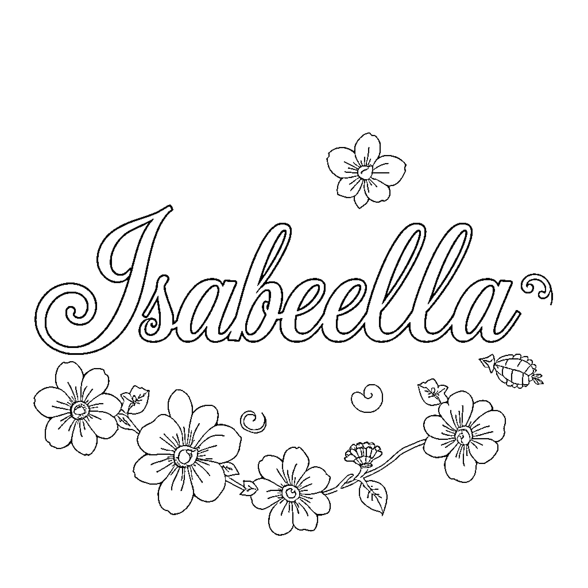 Isabella's Floral Adventure Coloring Page (free black-and-white line drawing printable PDF for all, from beginners to advanced learners, including children, teens, adults, and seniors)