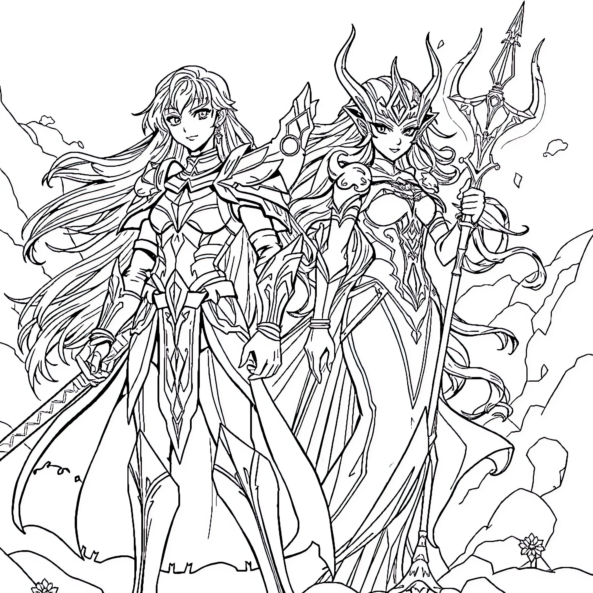 Andromeda - Heroic Duo in Fantastical Attire Coloring Page (free black-and-white line drawing printable PDF for all, from beginners to advanced learners, including children, teens, adults, and seniors)