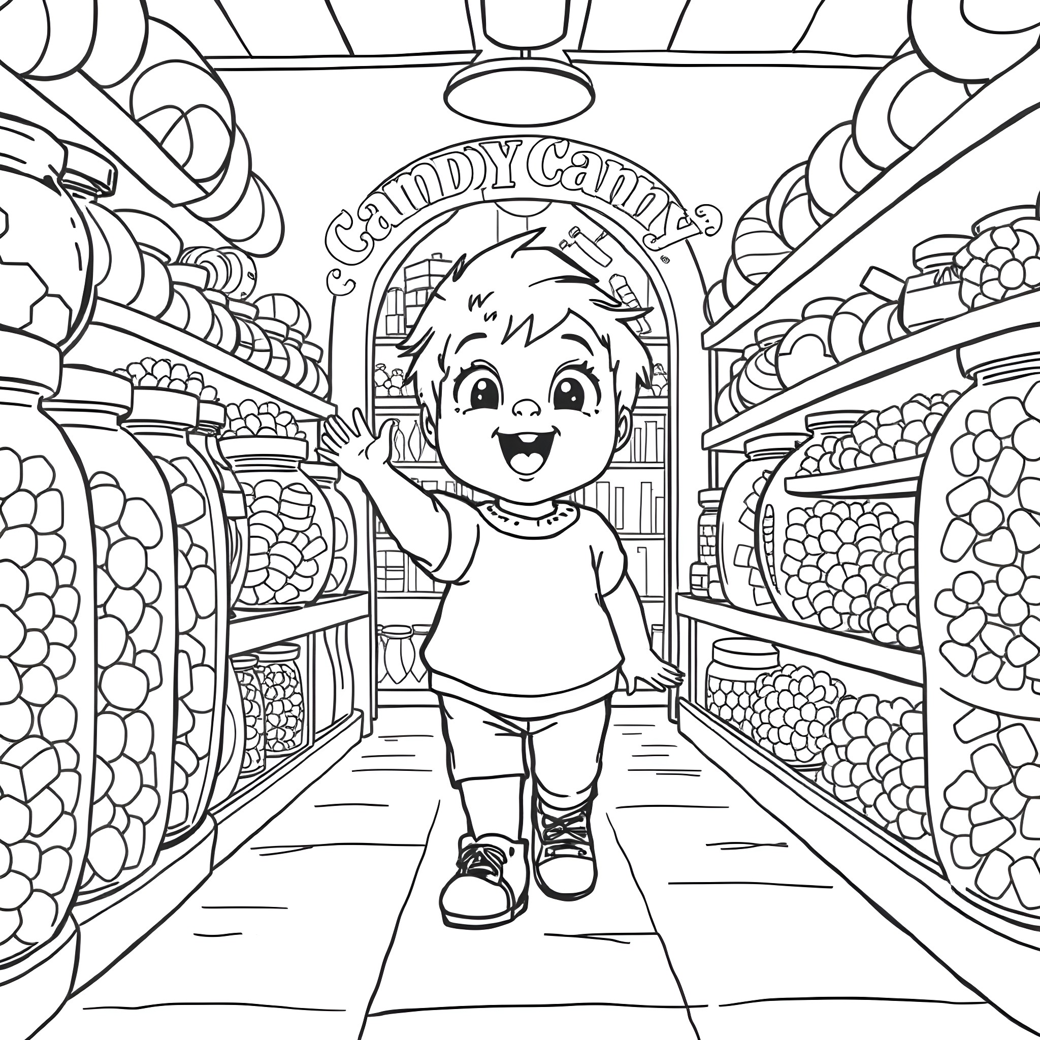 Kid exploring a colorful candy store Coloring Page (free black-and-white line drawing printable PDF for all, from beginners to advanced learners, including children, teens, adults, and seniors)