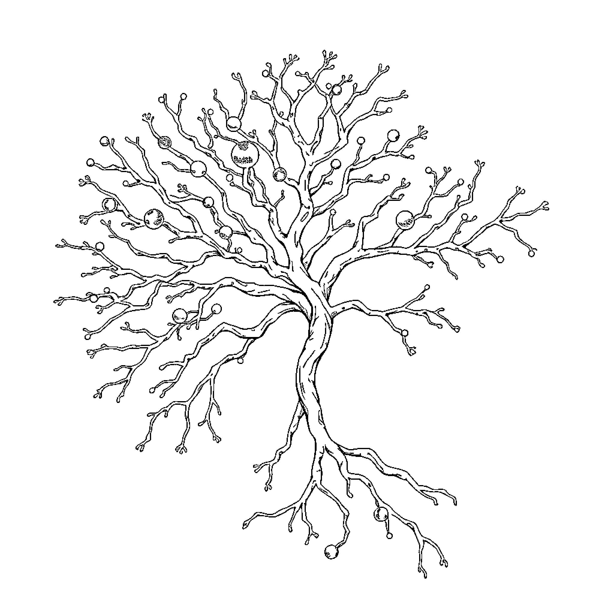 Neuron with Intricate Branching Pattern Coloring Page (free black-and-white line drawing printable PDF for all, from beginners to advanced learners, including children, teens, adults, and seniors)
