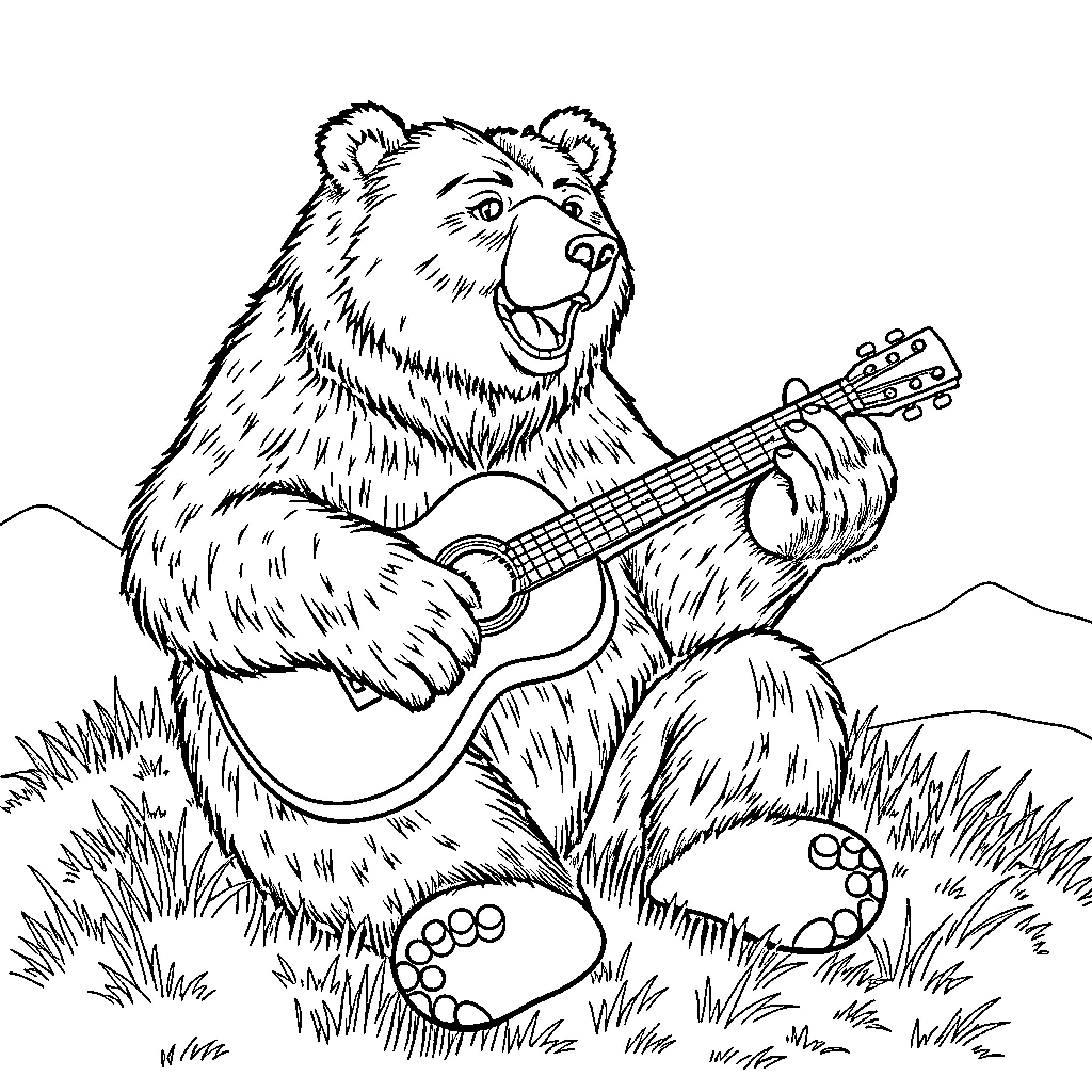 Bear playing guitar in nature Coloring Page (free black-and-white line drawing printable PDF for all, from beginners to advanced learners, including children, teens, adults, and seniors)