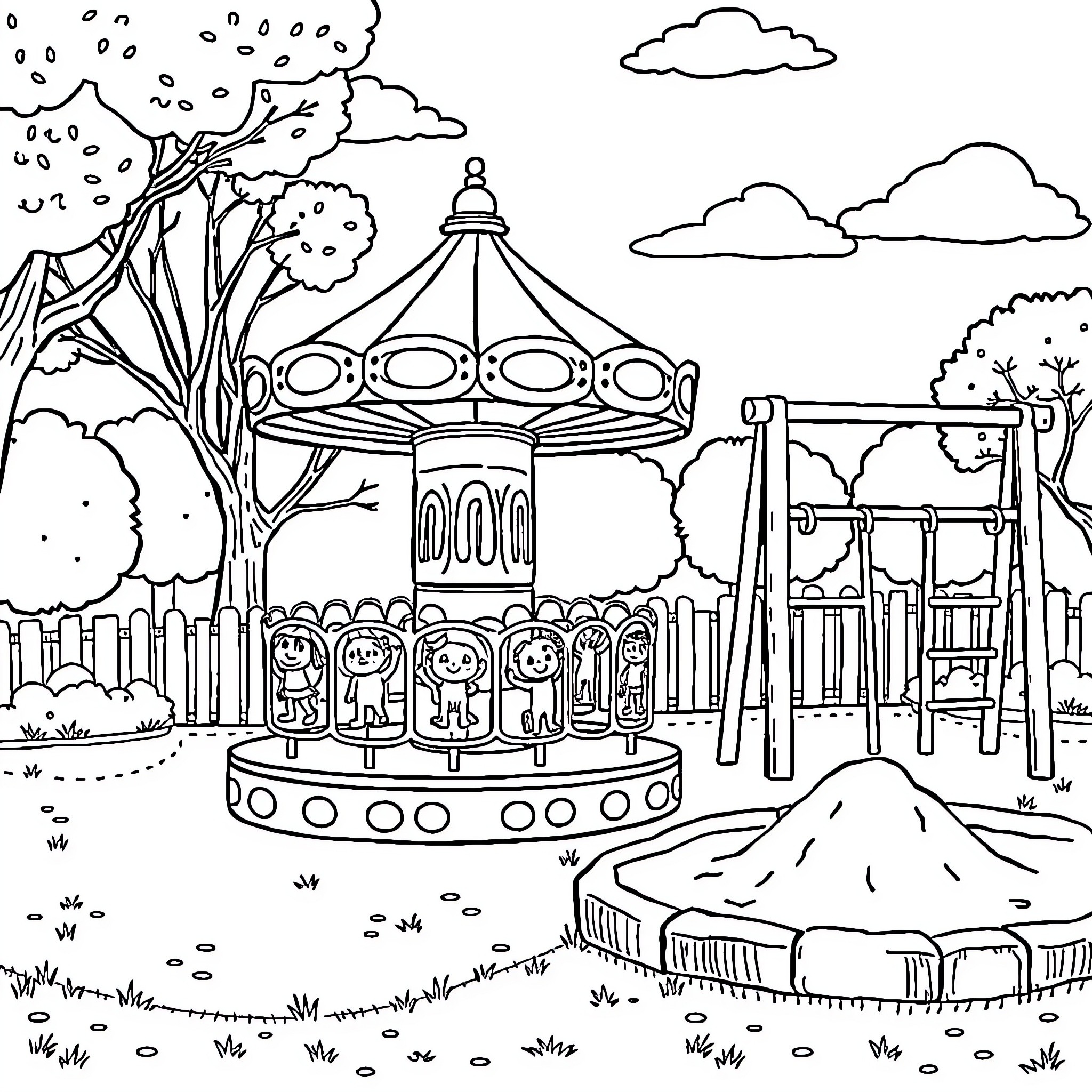 Park Playground with Carousel and Swings Coloring Page (free black-and-white line drawing printable PDF for all, from beginners to advanced learners, including children, teens, adults, and seniors)