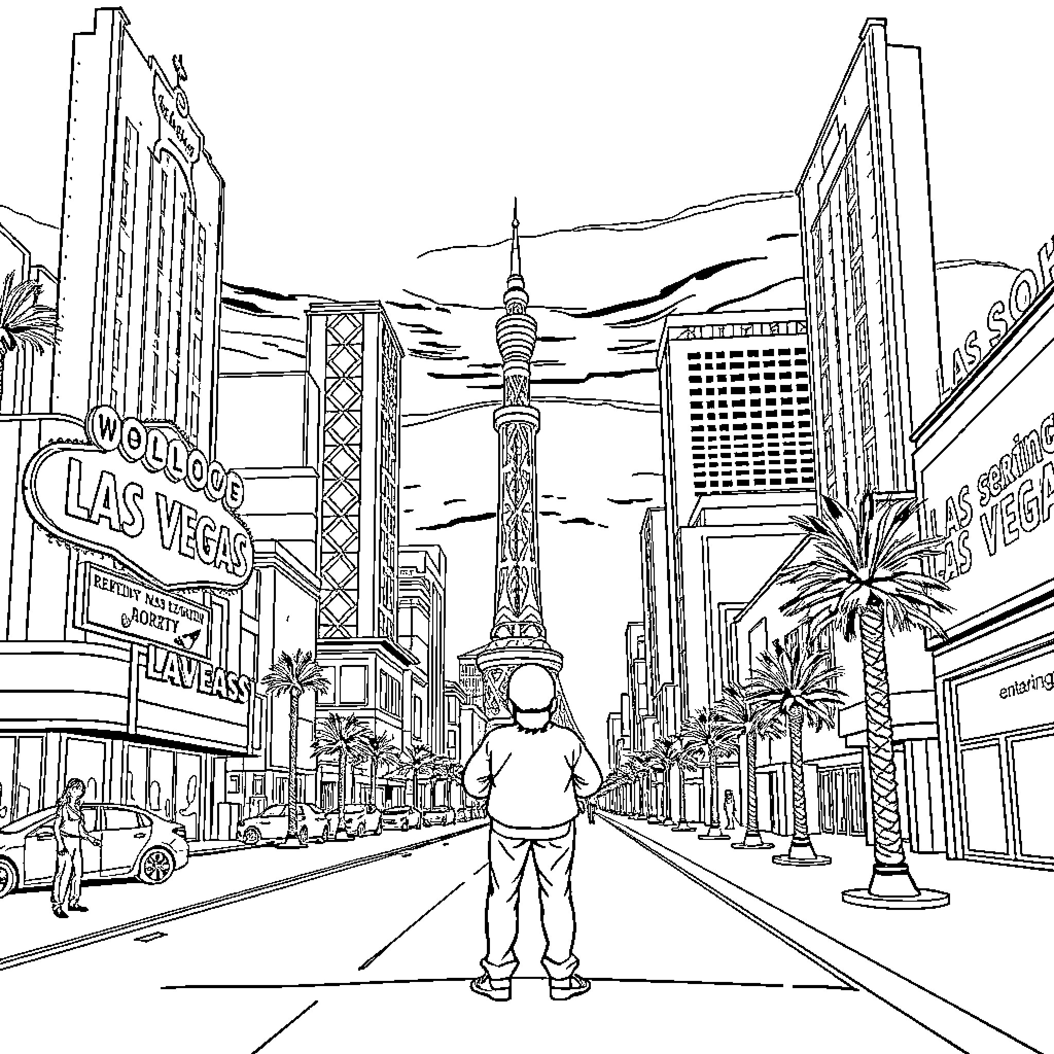 Zenitsu exploring the bustling Las Vegas cityscape Coloring Page (free black-and-white line drawing printable PDF for all, from beginners to advanced learners, including children, teens, adults, and seniors)