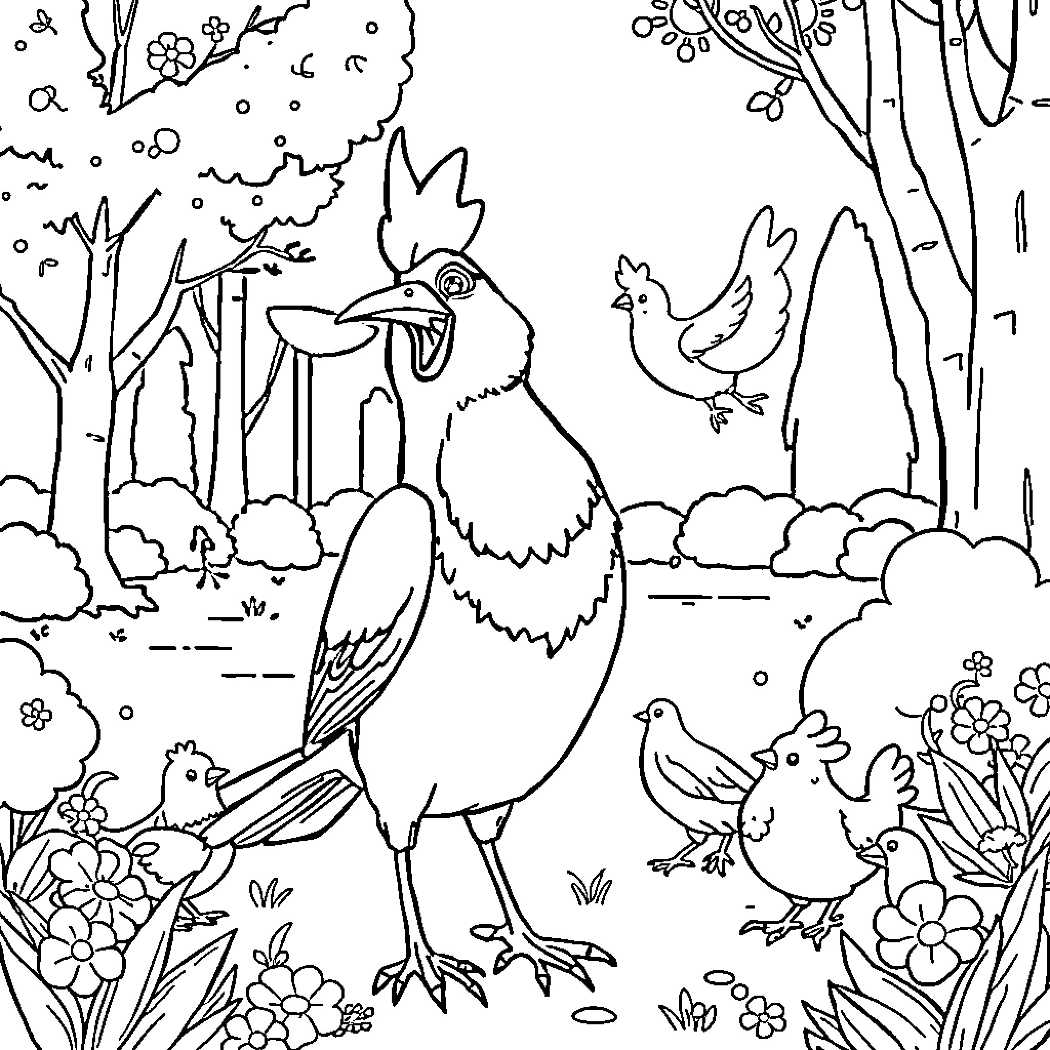 Paw Patrol characters exploring a forest scene Coloring Page (free black-and-white line drawing printable PDF for all, from beginners to advanced learners, including children, teens, adults, and seniors)