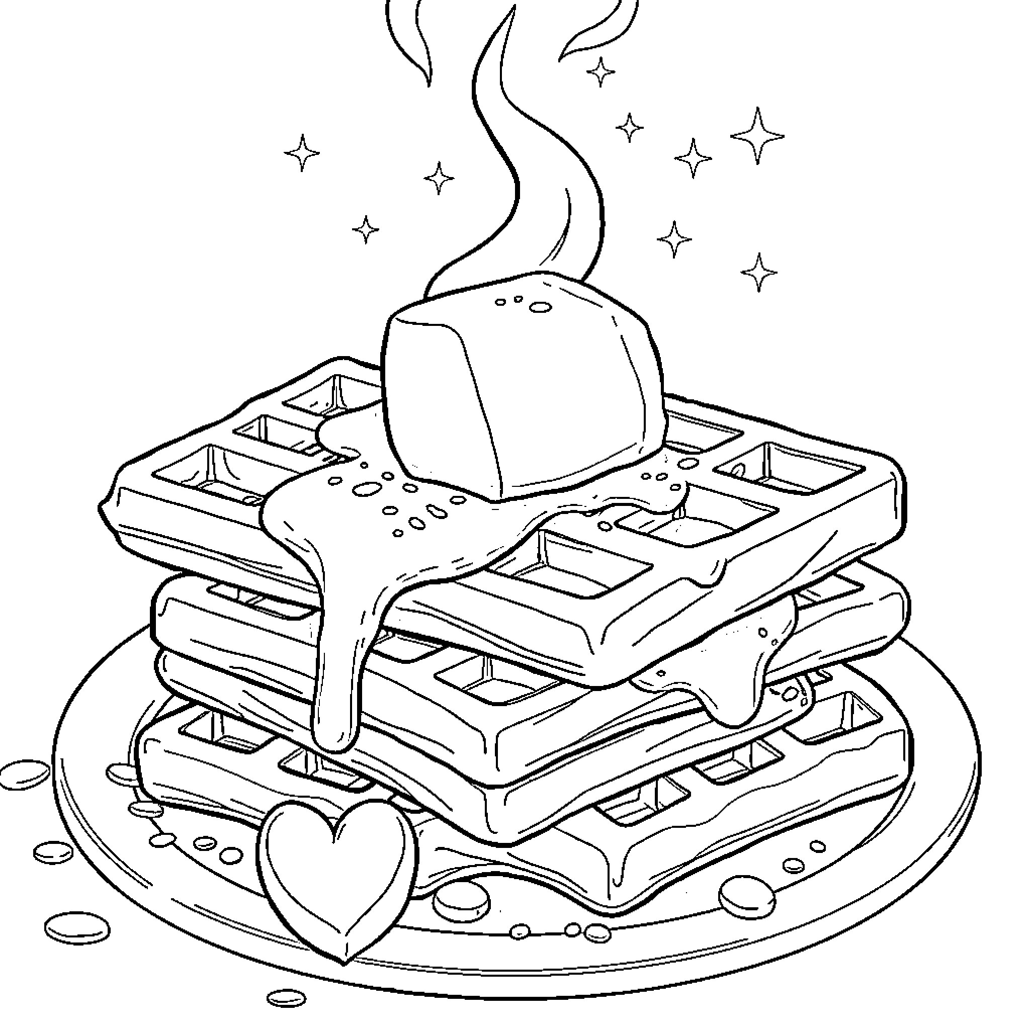 Tandloos Waffles with Whimsical Garnishes Coloring Page (free black-and-white line drawing printable PDF for all, from beginners to advanced learners, including children, teens, adults, and seniors)