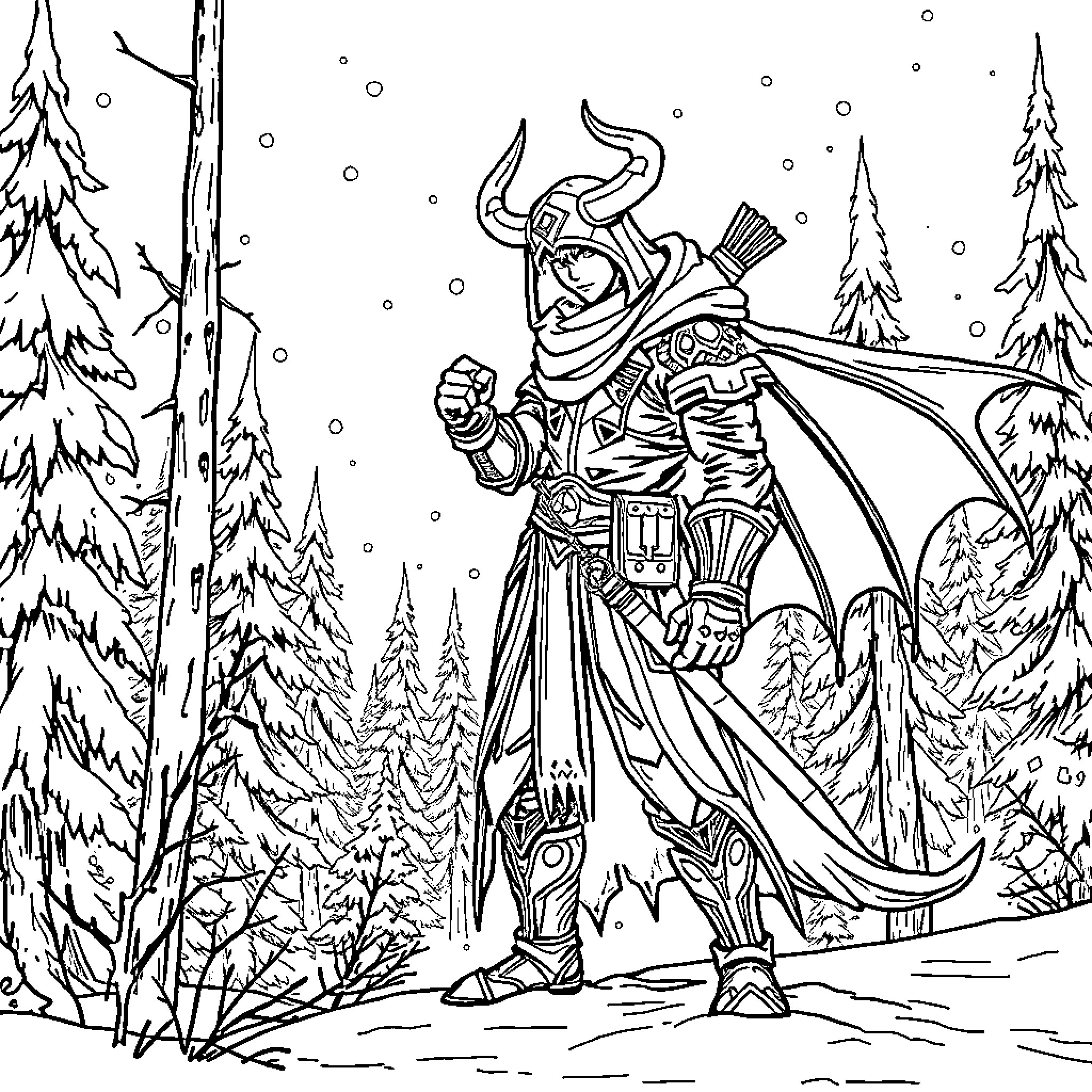 Demon Hunter Wielding Bow in Snowy Forest Coloring Page (free black-and-white line drawing printable PDF for all, from beginners to advanced learners, including children, teens, adults, and seniors)