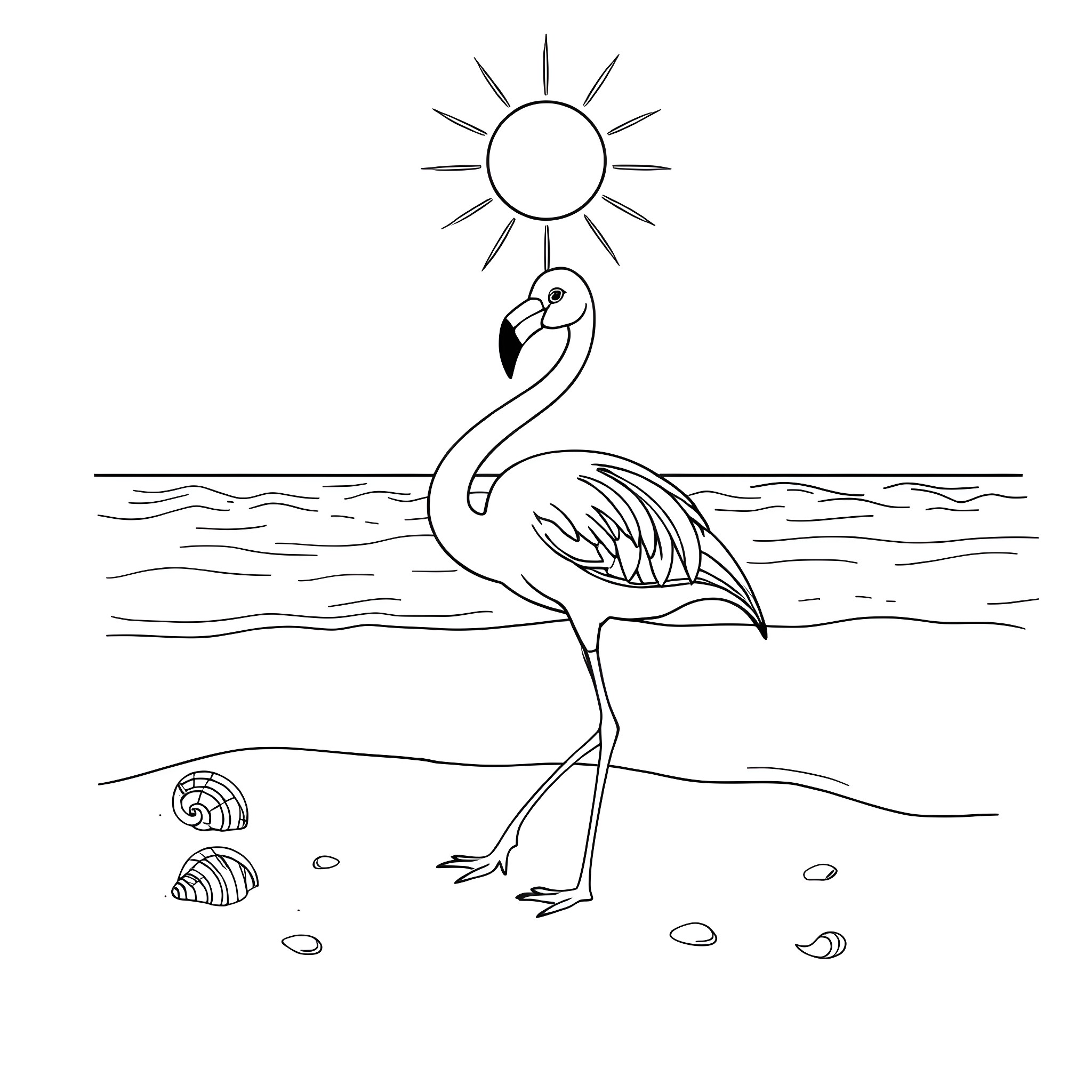 Flamingo standing under the sun on the beach Coloring Page (free black-and-white line drawing printable PDF for all, from beginners to advanced learners, including children, teens, adults, and seniors)