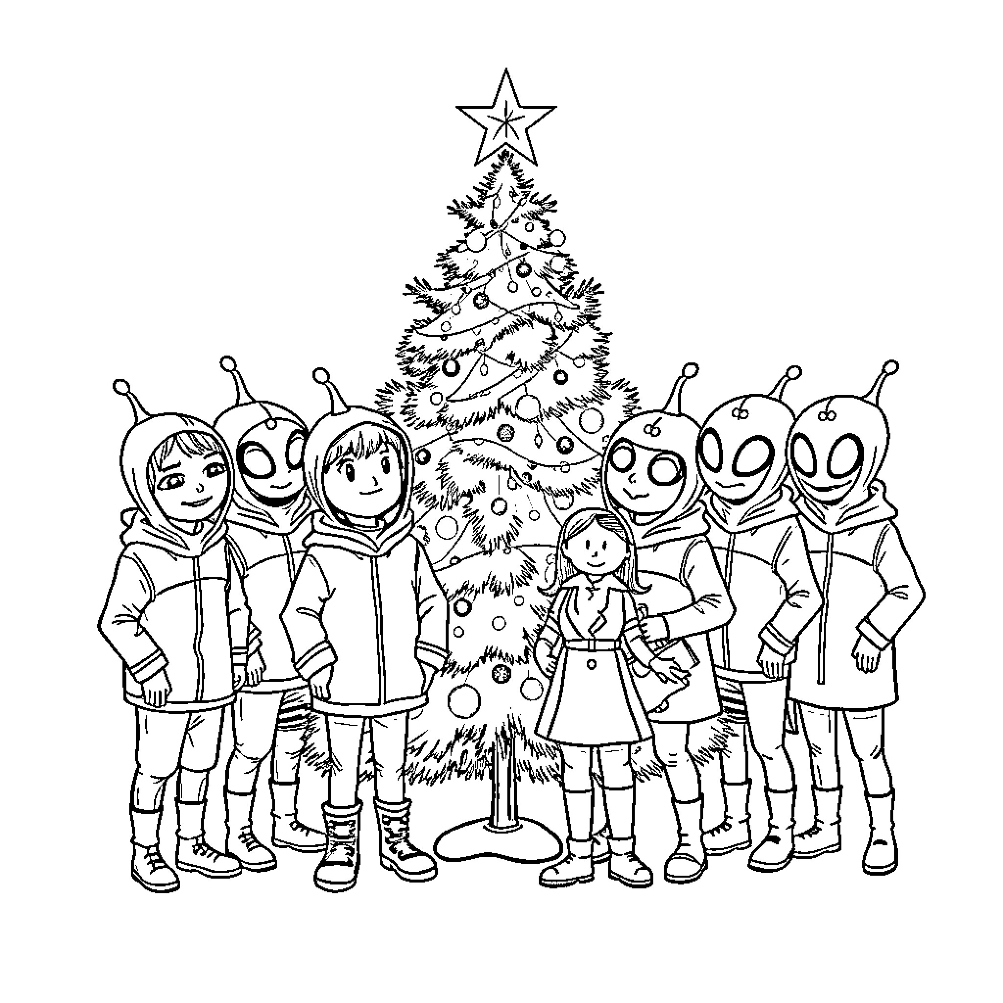 Alien family celebrating Christmas with decorated tree Coloring Page (free black-and-white line drawing printable PDF for all, from beginners to advanced learners, including children, teens, adults, and seniors)