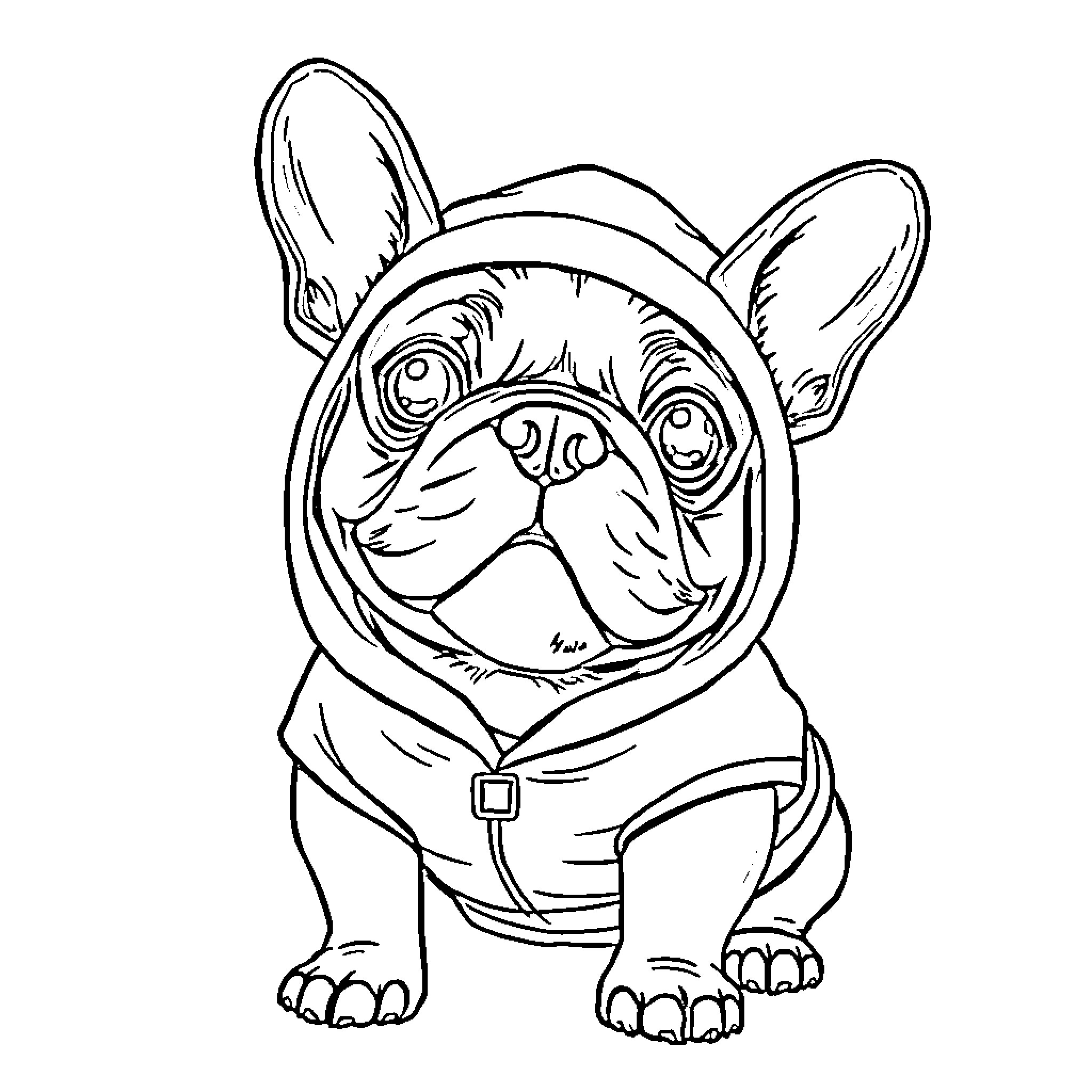 Bulldog wearing a hooded jacket Coloring Page (free black-and-white line drawing printable PDF for all, from beginners to advanced learners, including children, teens, adults, and seniors)