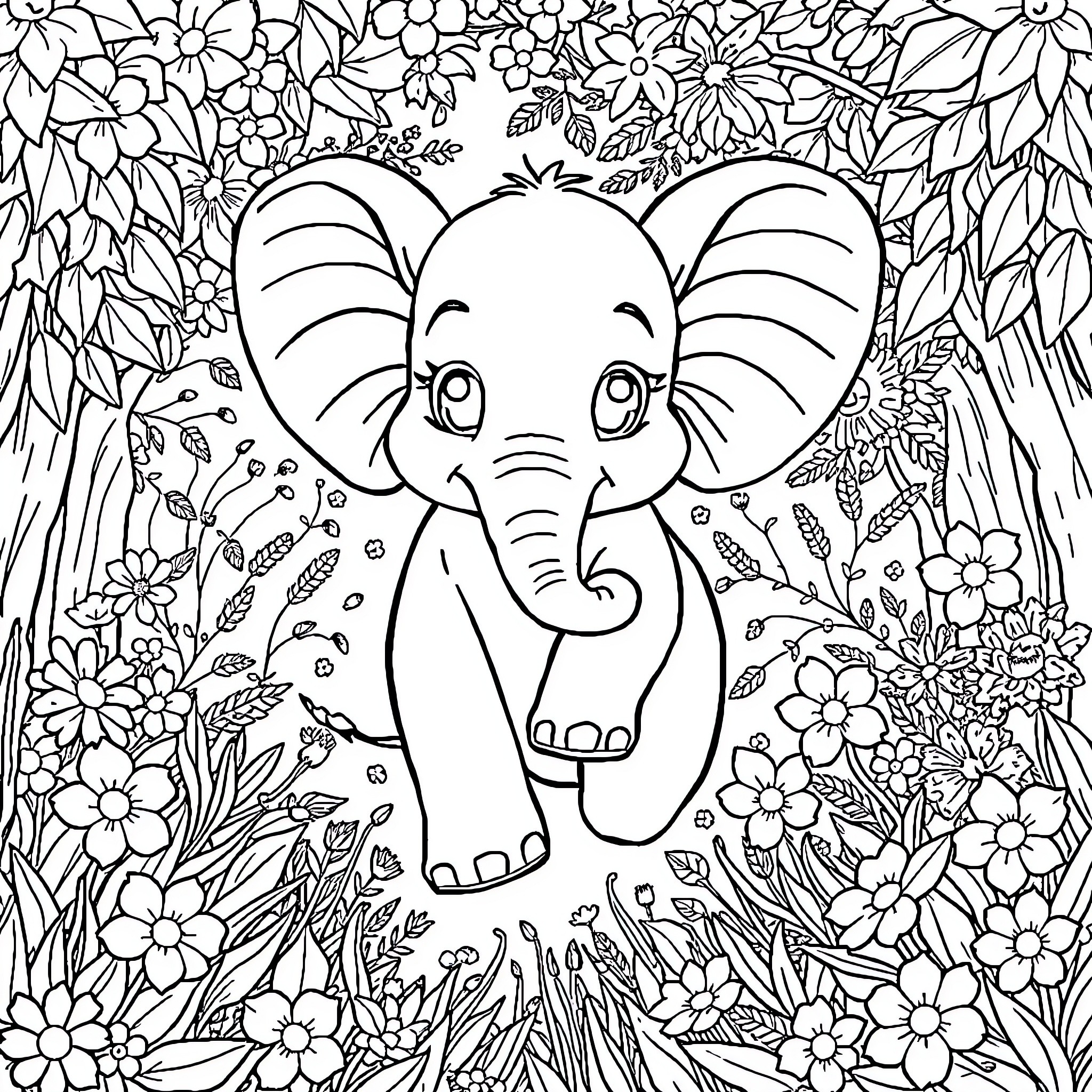 Elephant in a Floral Garden Coloring Page (free black-and-white line drawing printable PDF for all, from beginners to advanced learners, including children, teens, adults, and seniors)