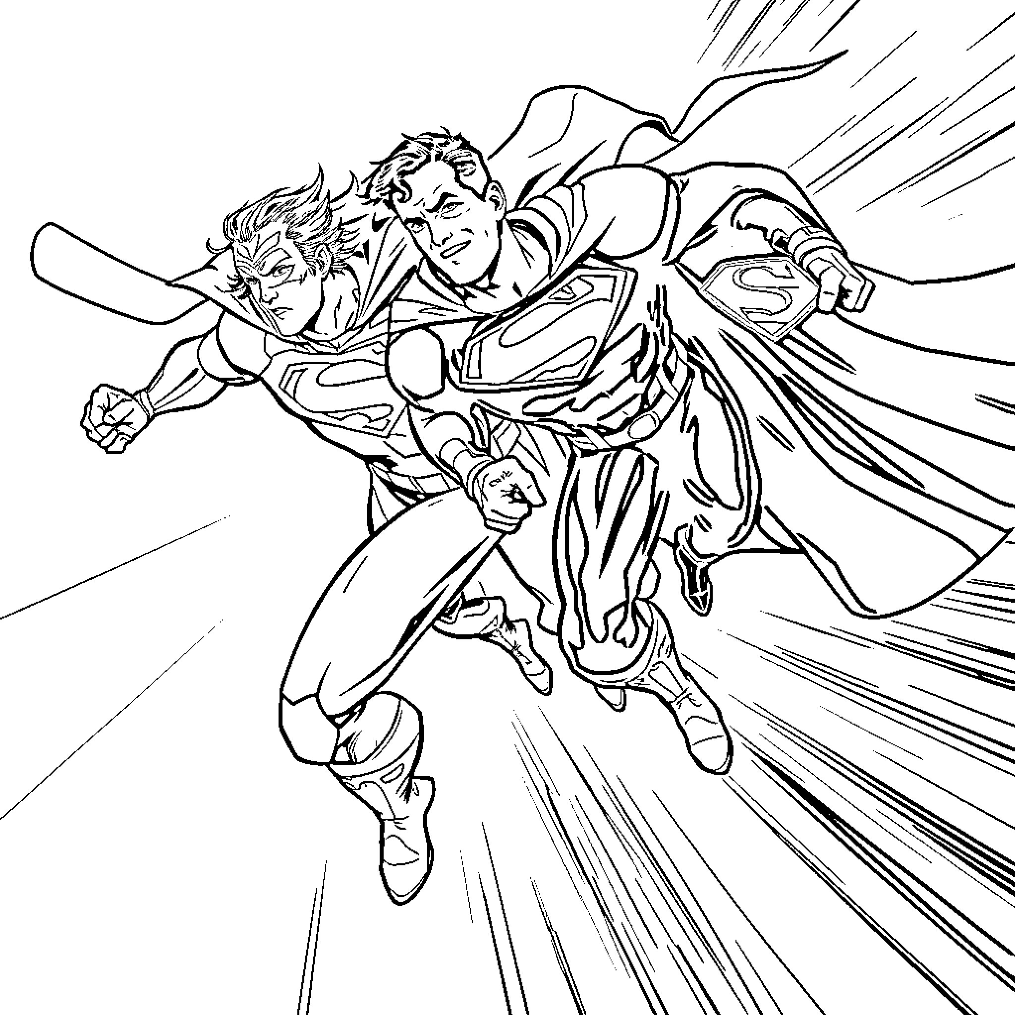 Superman flies into action in heroic pose Coloring Page (free black-and-white line drawing printable PDF for all, from beginners to advanced learners, including children, teens, adults, and seniors)