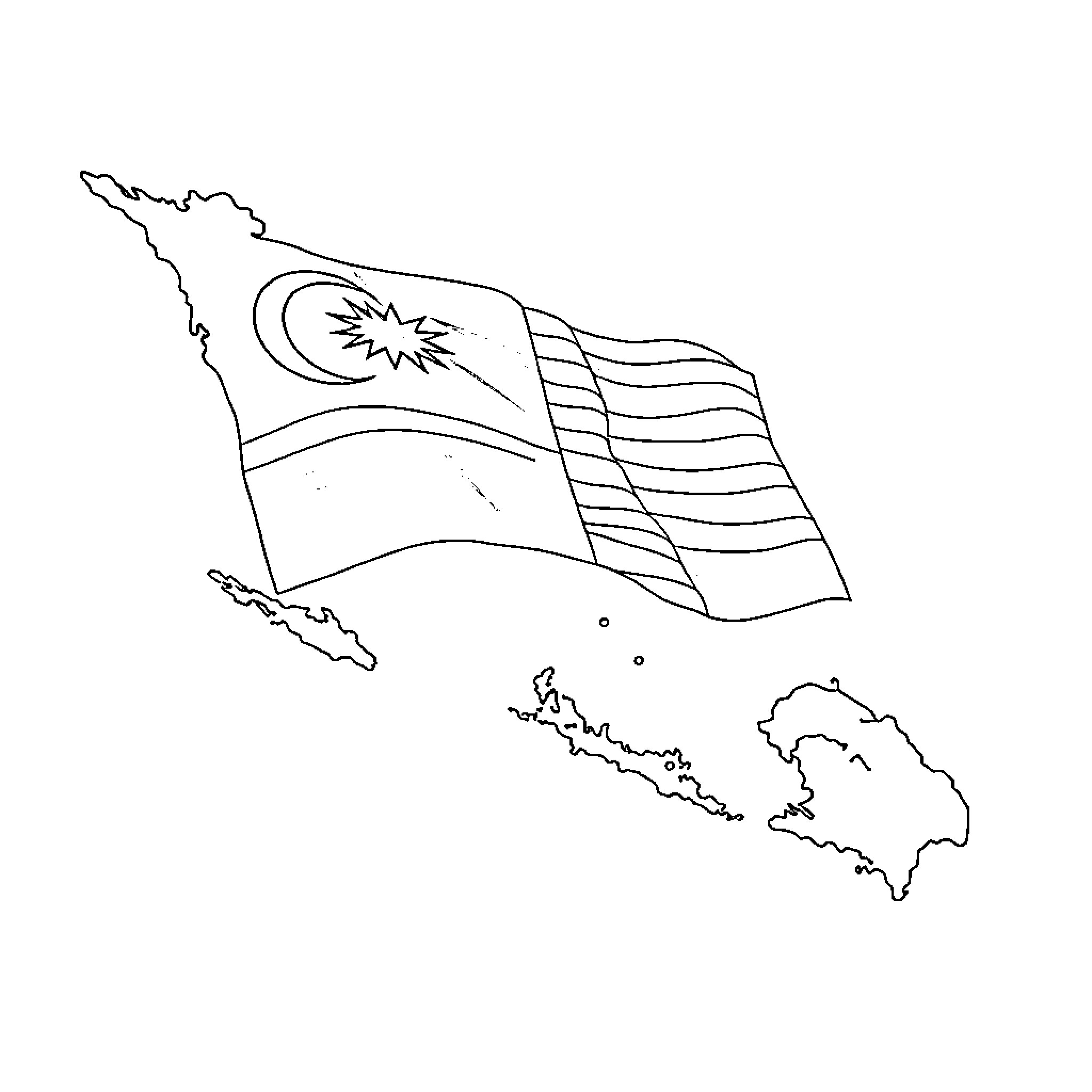Map of Malaysia with waving national flag Coloring Page (free black-and-white line drawing printable PDF for all, from beginners to advanced learners, including children, teens, adults, and seniors)