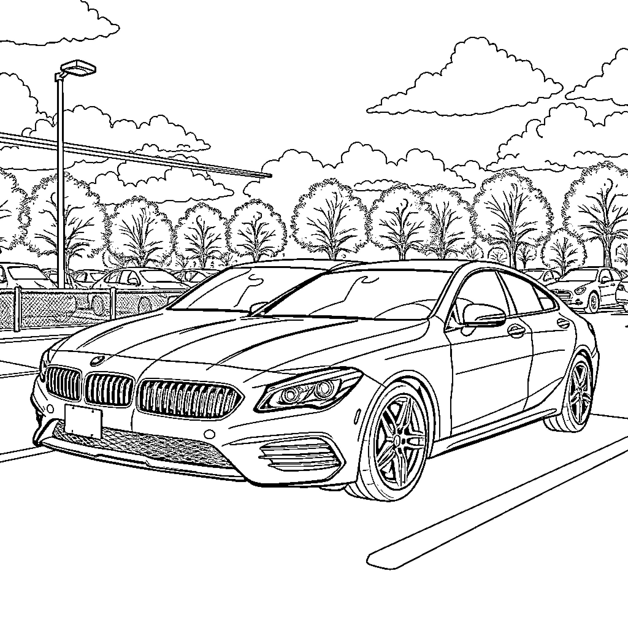 Car parked in a scenic urban landscape Coloring Page (free black-and-white line drawing printable PDF for all, from beginners to advanced learners, including children, teens, adults, and seniors)