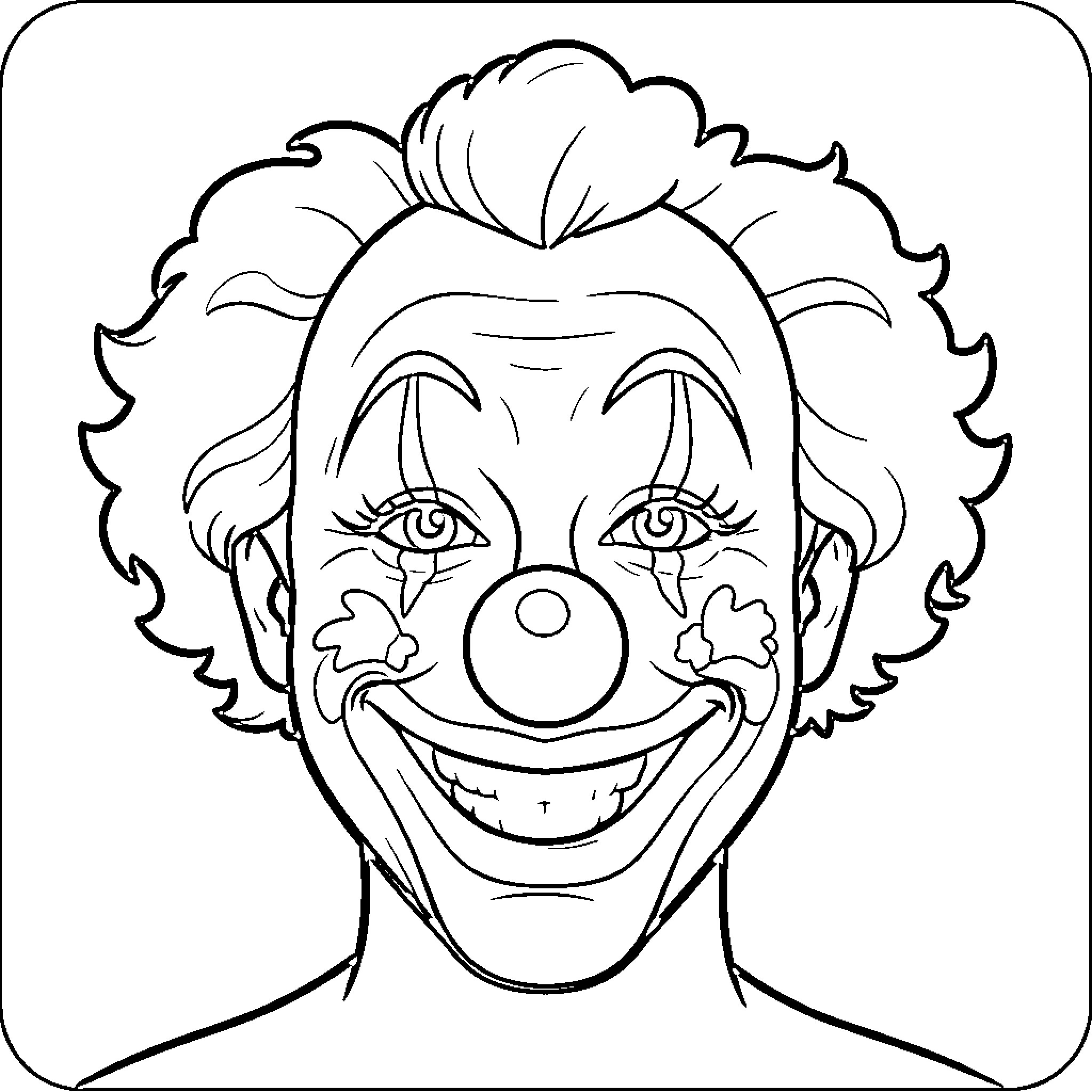 Clown with exaggerated facial features and expression Coloring Page (free black-and-white line drawing printable PDF for all, from beginners to advanced learners, including children, teens, adults, and seniors)