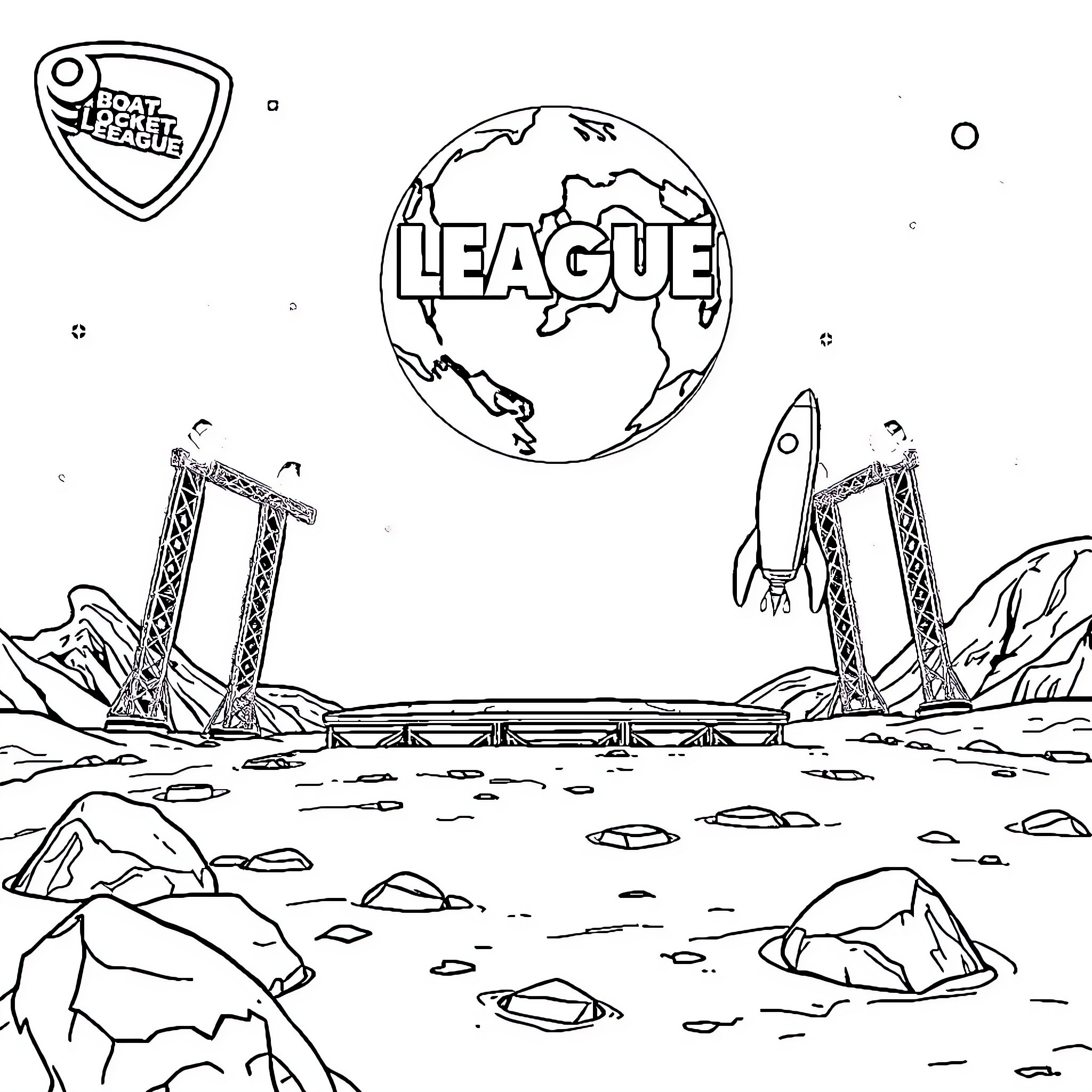 Rocket launch site at League planet Coloring Page (free black-and-white line drawing printable PDF for all, from beginners to advanced learners, including children, teens, adults, and seniors)