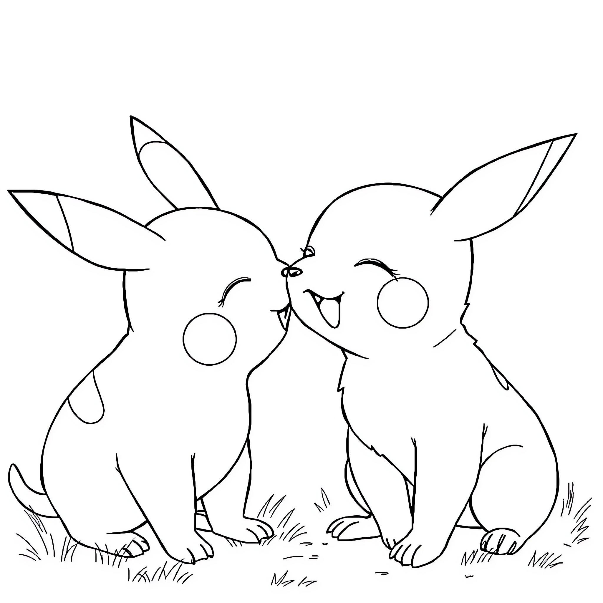 Pikachu playing with friends in the grass Coloring Page (free black-and-white line drawing printable PDF for all, from beginners to advanced learners, including children, teens, adults, and seniors)