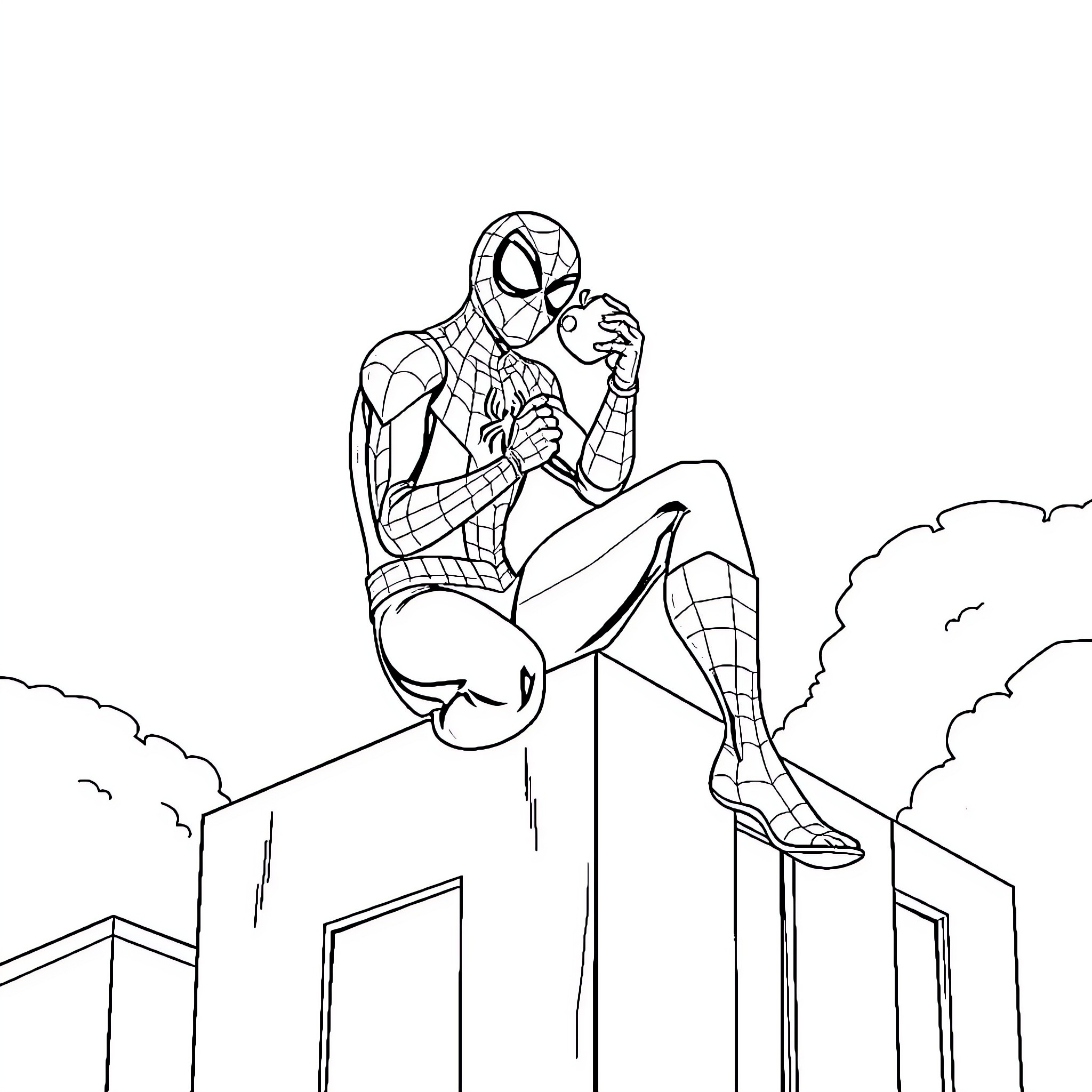 Spiderman contemplating on a rooftop Coloring Page (free black-and-white line drawing printable PDF for all, from beginners to advanced learners, including children, teens, adults, and seniors)