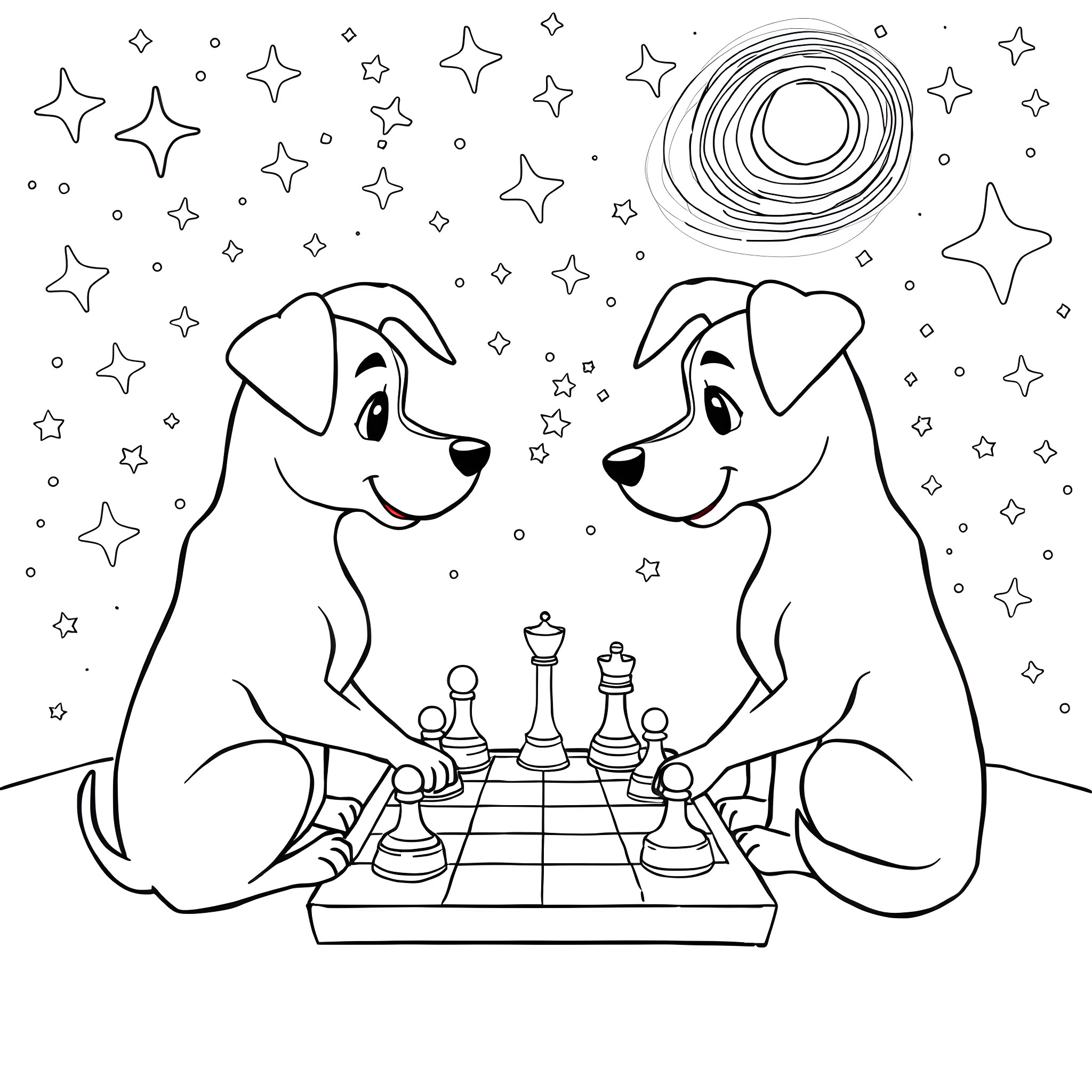 Dog friends playing chess under starry night Coloring Page (free black-and-white line drawing printable PDF for all, from beginners to advanced learners, including children, teens, adults, and seniors)