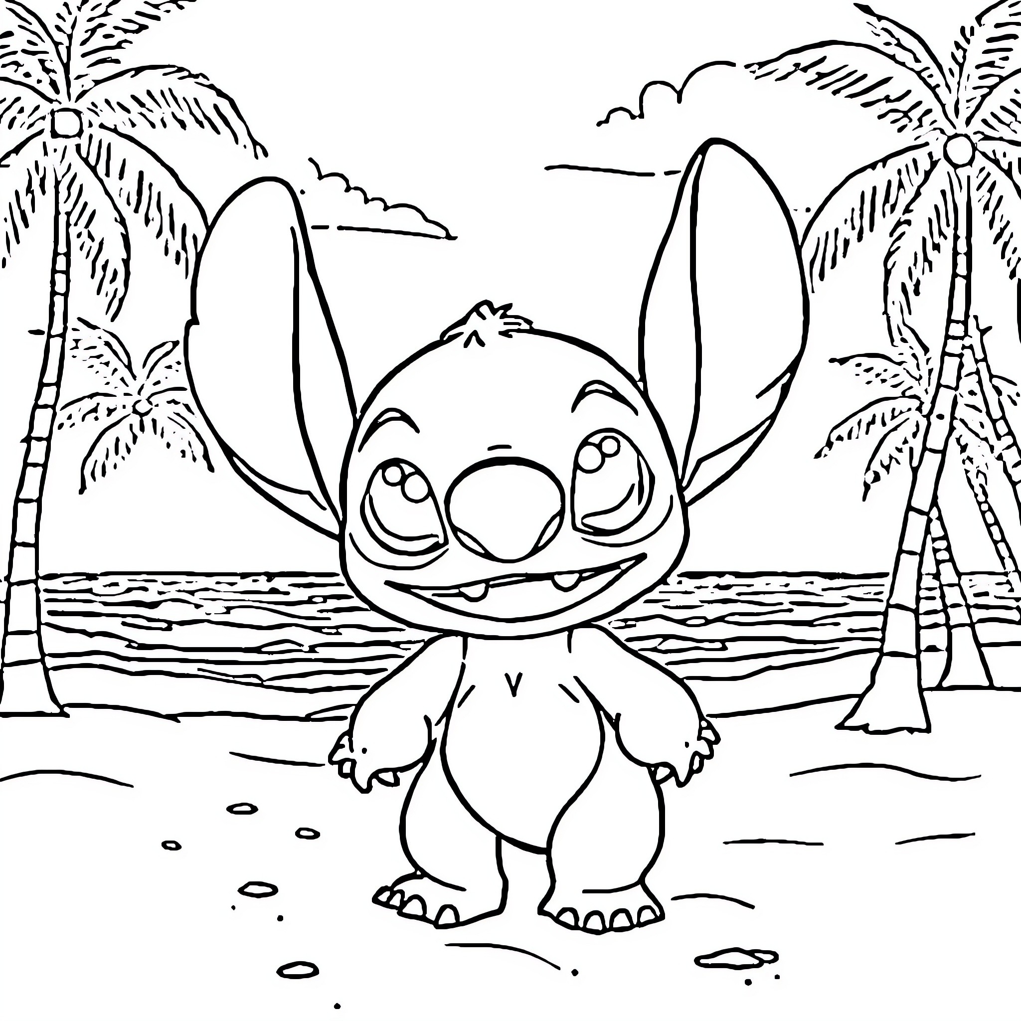 Stitch frolicking on a tropical beach Coloring Page (free black-and-white line drawing printable PDF for all, from beginners to advanced learners, including children, teens, adults, and seniors)