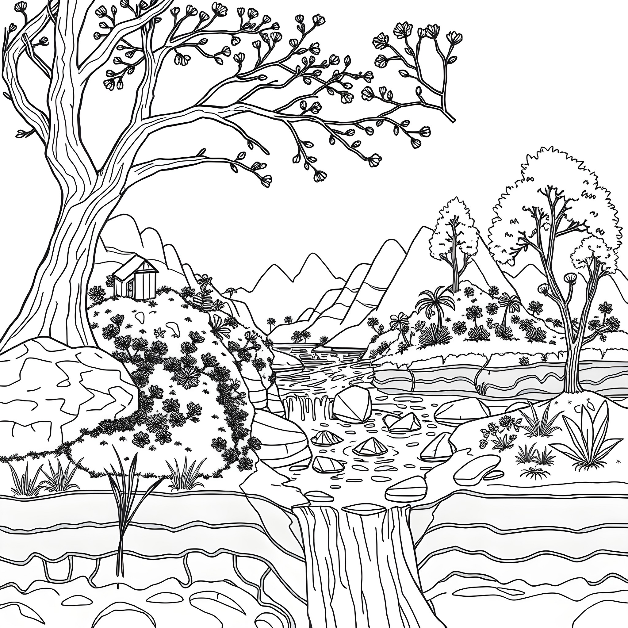 Abiotic Factor - Serene landscape with flowing river and mountains Coloring Page (free black-and-white line drawing printable PDF for all, from beginners to advanced learners, including children, teens, adults, and seniors)