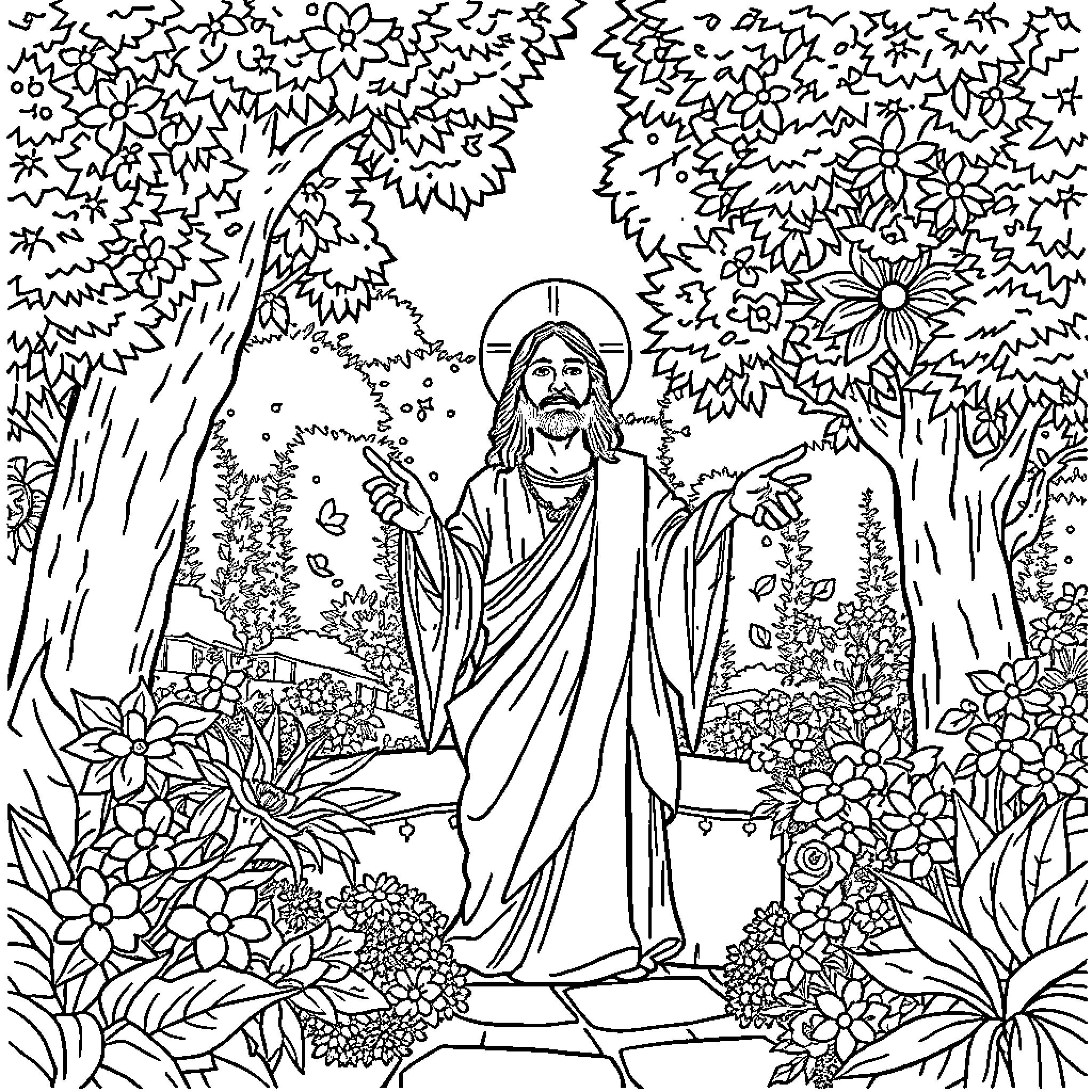 Jesucristo in a Lush, Floral Garden Scene Coloring Page (free black-and-white line drawing printable PDF for all, from beginners to advanced learners, including children, teens, adults, and seniors)
