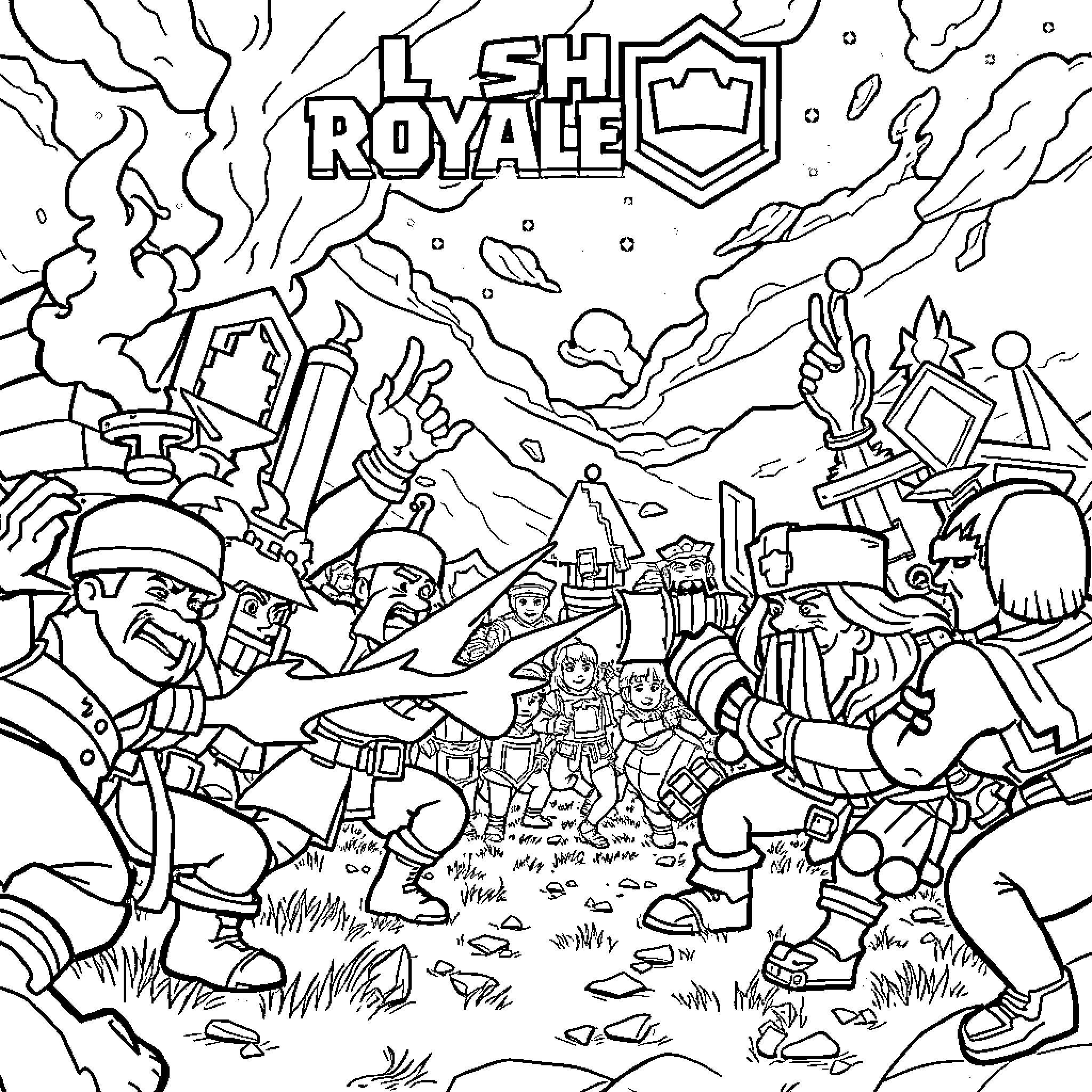Clash Royale: Epic Battle Scene with Diverse Characters Coloring Page (free black-and-white line drawing printable PDF for all, from beginners to advanced learners, including children, teens, adults, and seniors)
