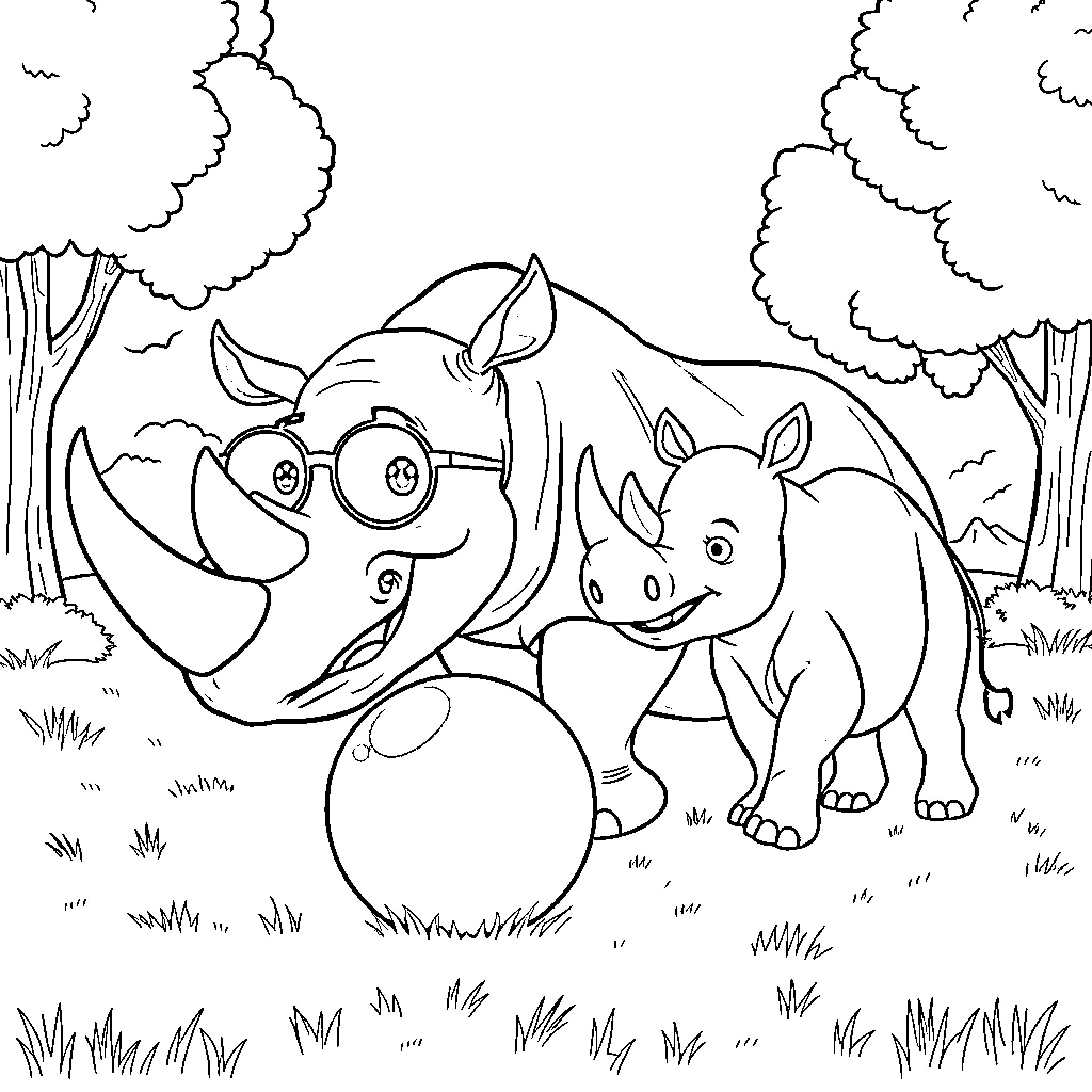 Rhino and Piglet exploring the forest Coloring Page (free black-and-white line drawing printable PDF for all, from beginners to advanced learners, including children, teens, adults, and seniors)