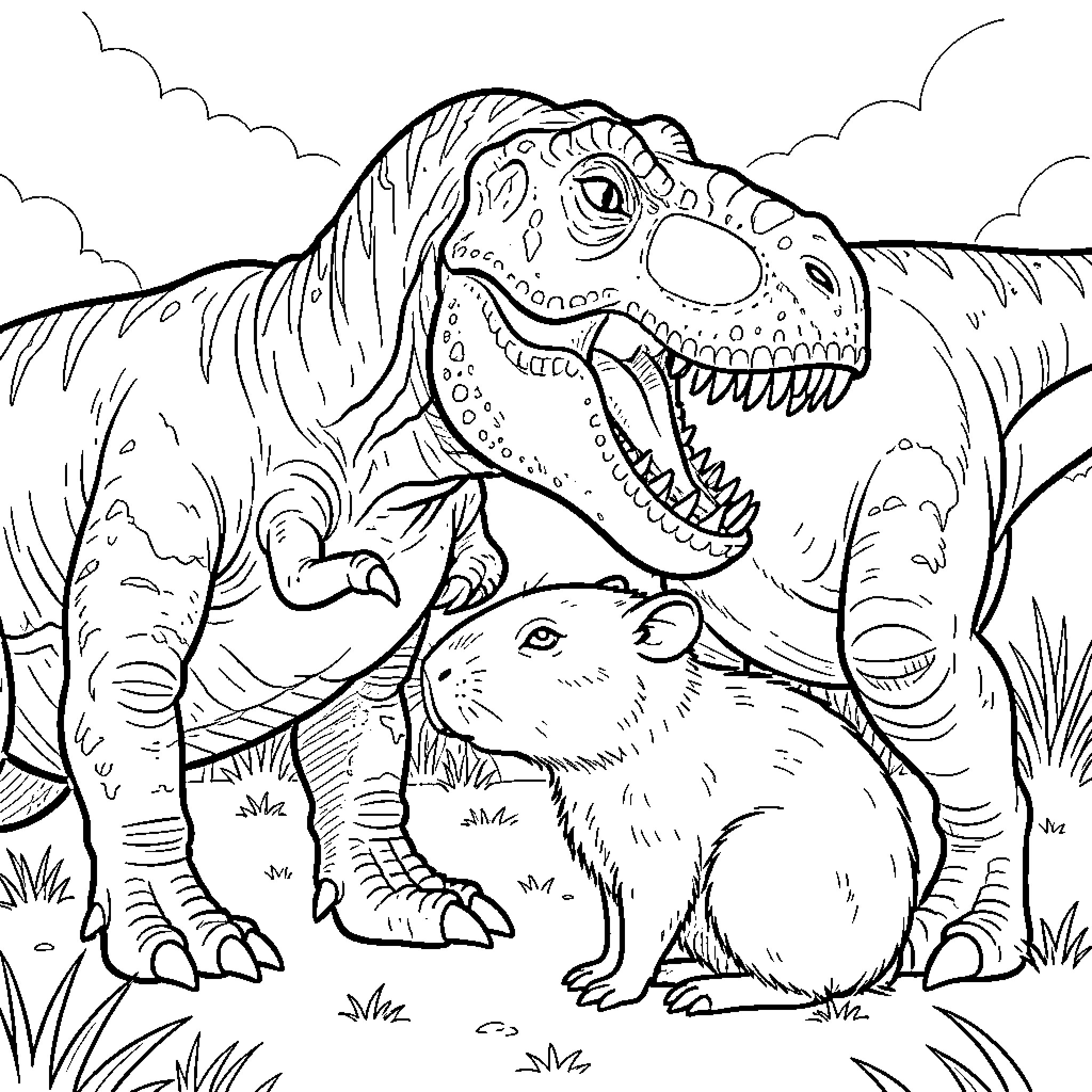 Tyrannosaurus Roaring at Frightened Rodent in Prehistoric Setting Coloring Page (free black-and-white line drawing printable PDF for all, from beginners to advanced learners, including children, teens, adults, and seniors)
