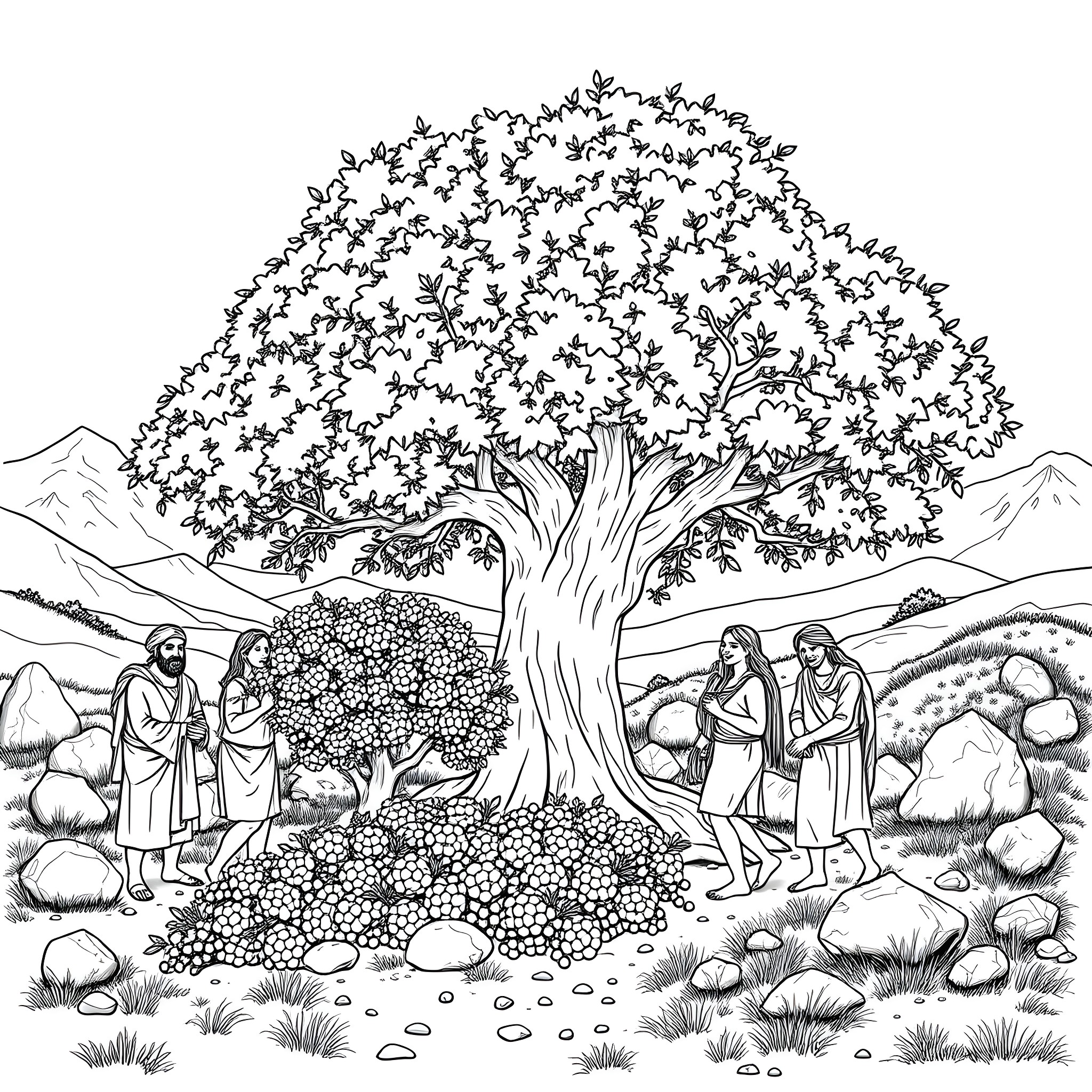 Stone Age People Gathering Around Bountiful Tree Coloring Page (free black-and-white line drawing printable PDF for all, from beginners to advanced learners, including children, teens, adults, and seniors)