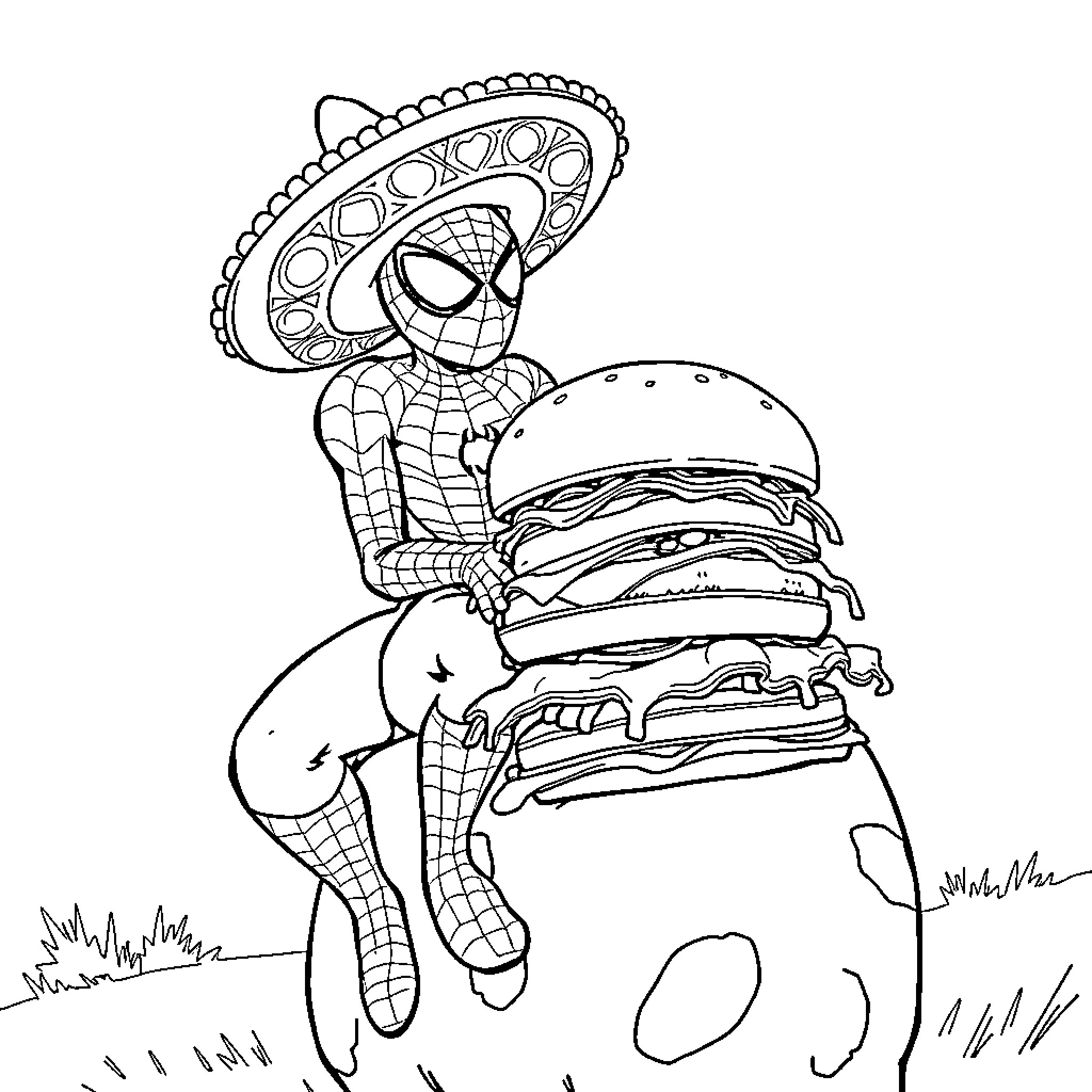 Spiderman enjoying a giant cheeseburger in the park Coloring Page (free black-and-white line drawing printable PDF for all, from beginners to advanced learners, including children, teens, adults, and seniors)