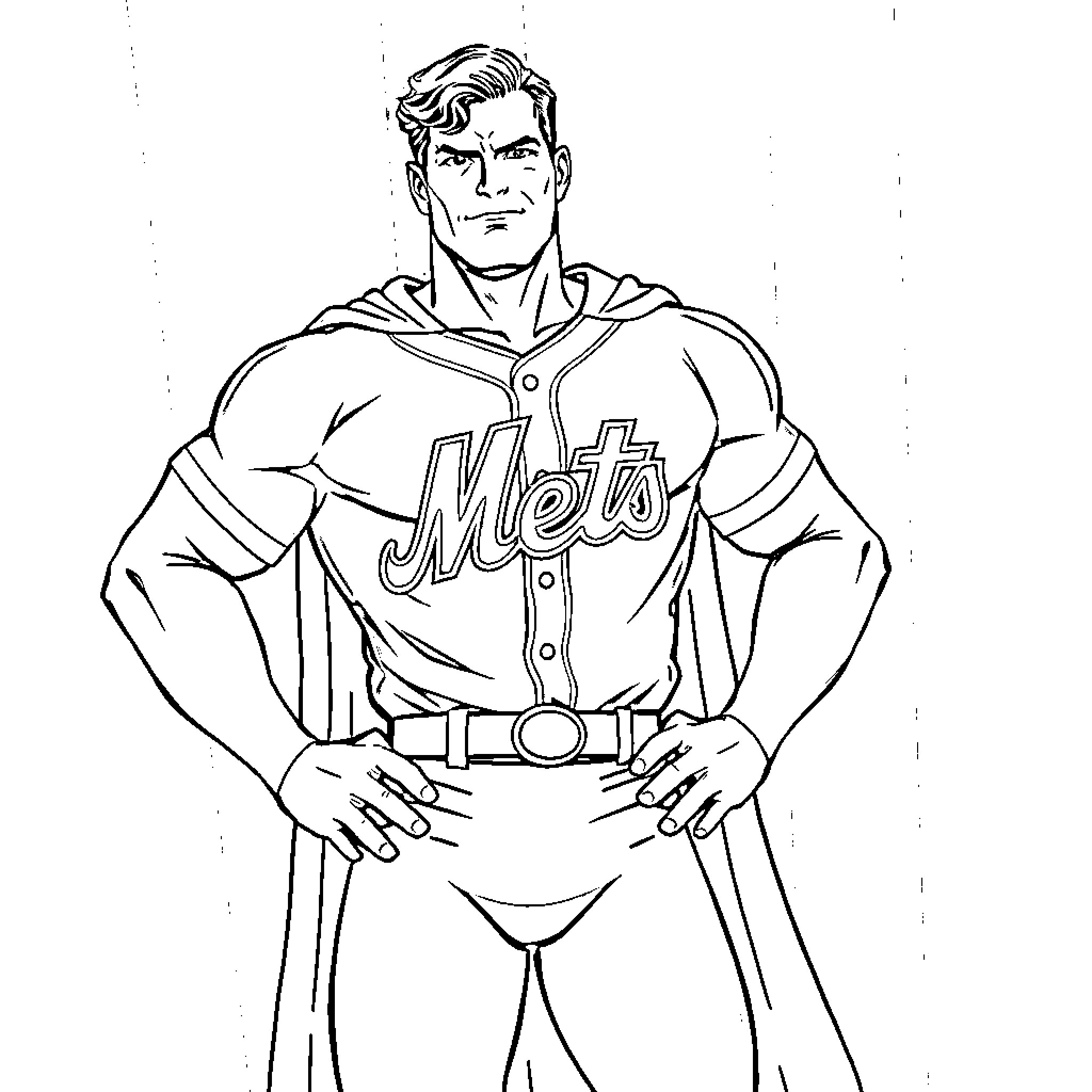 Superman wearing Mets uniform in heroic pose Coloring Page (free black-and-white line drawing printable PDF for all, from beginners to advanced learners, including children, teens, adults, and seniors)