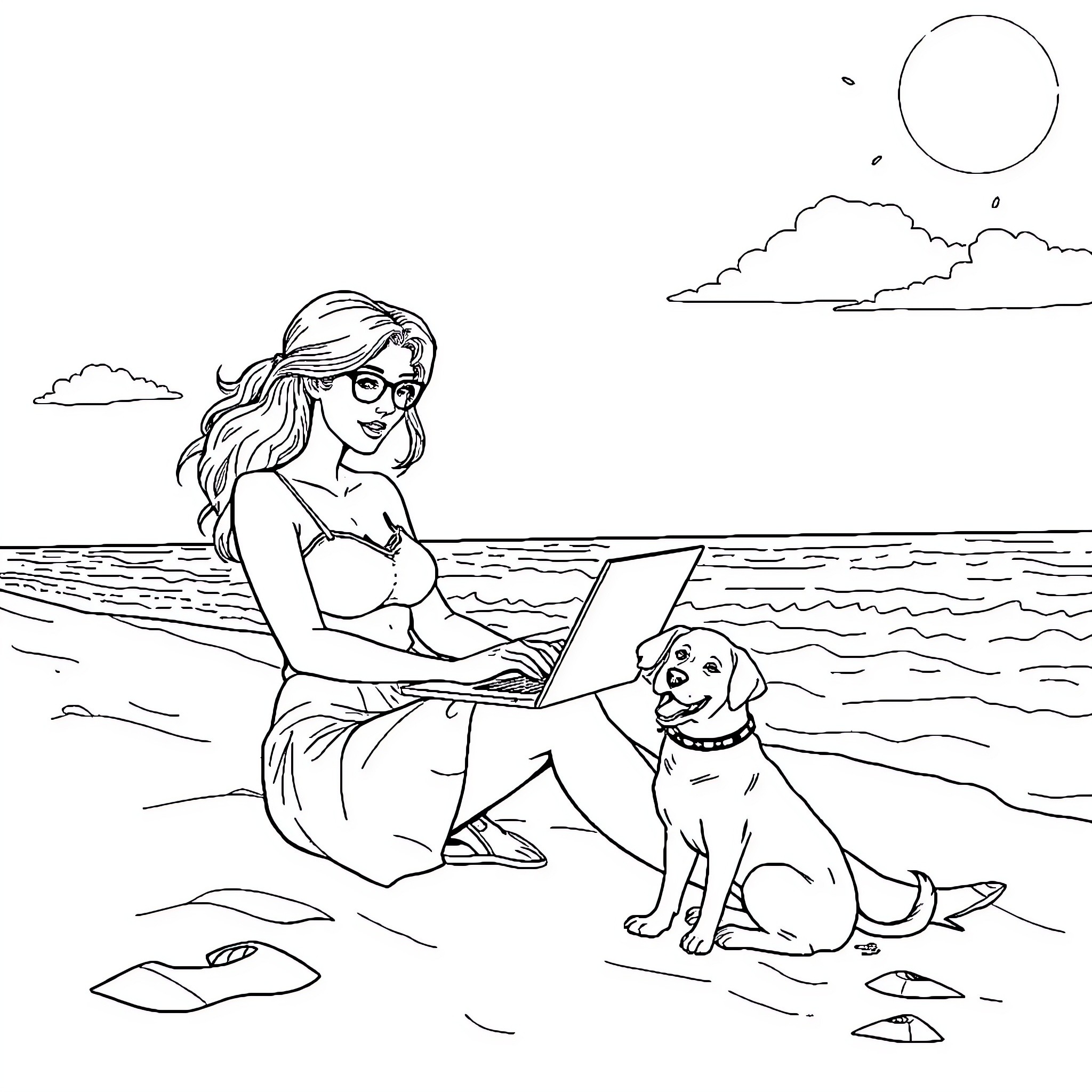 Lady enjoying the beach with her loyal companion Coloring Page (free black-and-white line drawing printable PDF for all, from beginners to advanced learners, including children, teens, adults, and seniors)