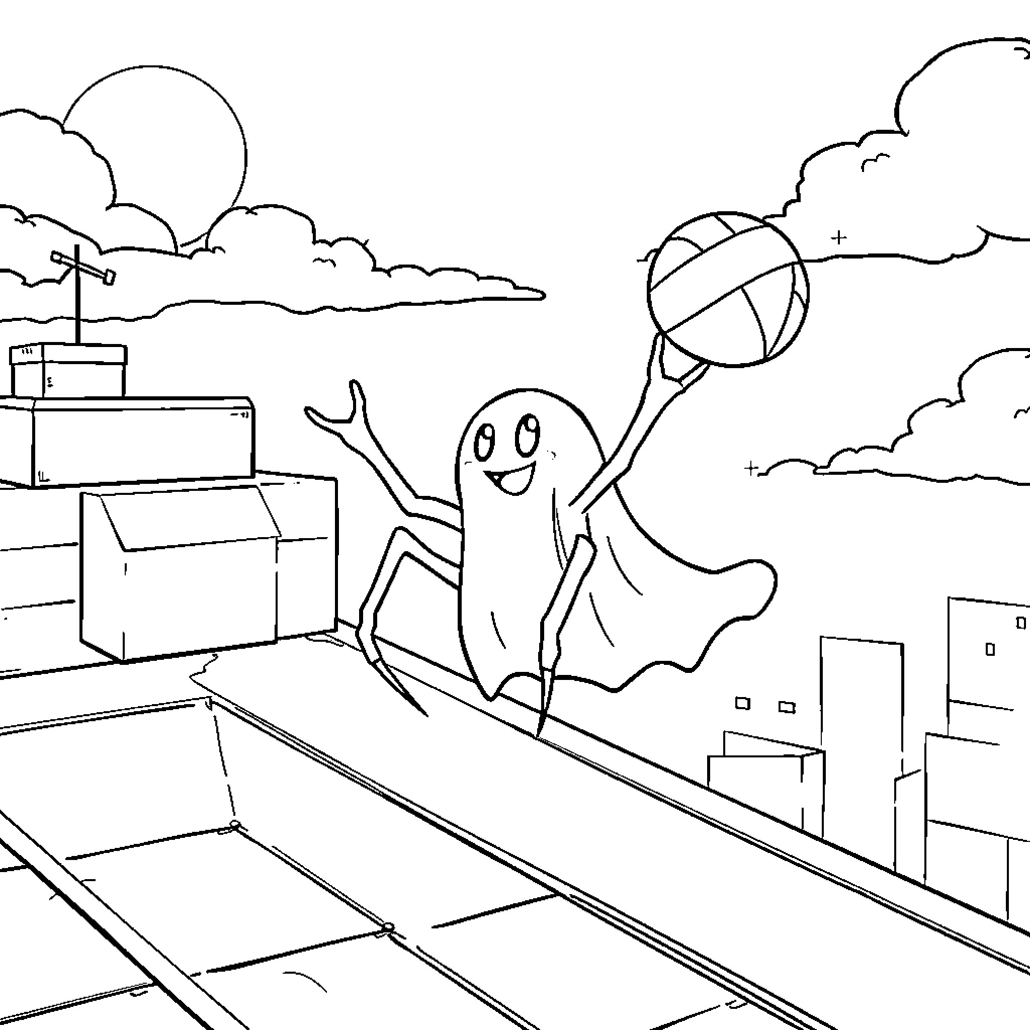 Spider-Themed Ghost Enjoying Volleyball in the City Coloring Page (free black-and-white line drawing printable PDF for all, from beginners to advanced learners, including children, teens, adults, and seniors)