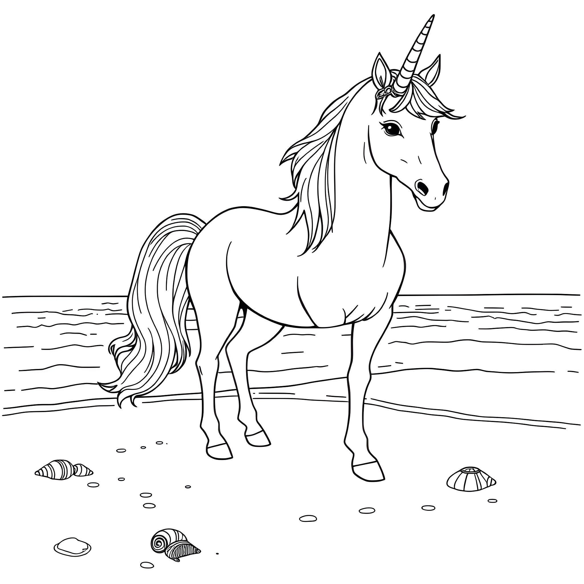 Unicorn standing proudly in a coastal landscape Coloring Page (free black-and-white line drawing printable PDF for all, from beginners to advanced learners, including children, teens, adults, and seniors)