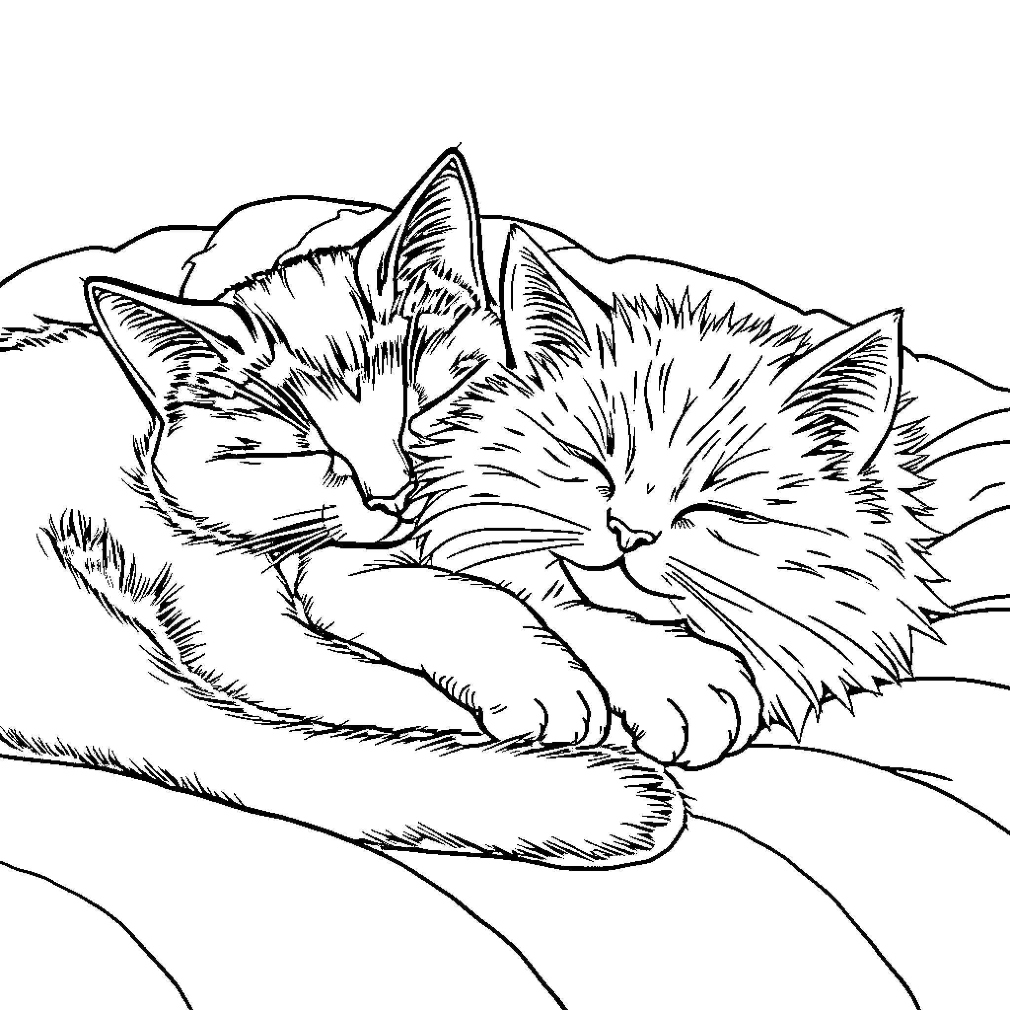 Cats napping peacefully in tranquil setting Coloring Page (free black-and-white line drawing printable PDF for all, from beginners to advanced learners, including children, teens, adults, and seniors)