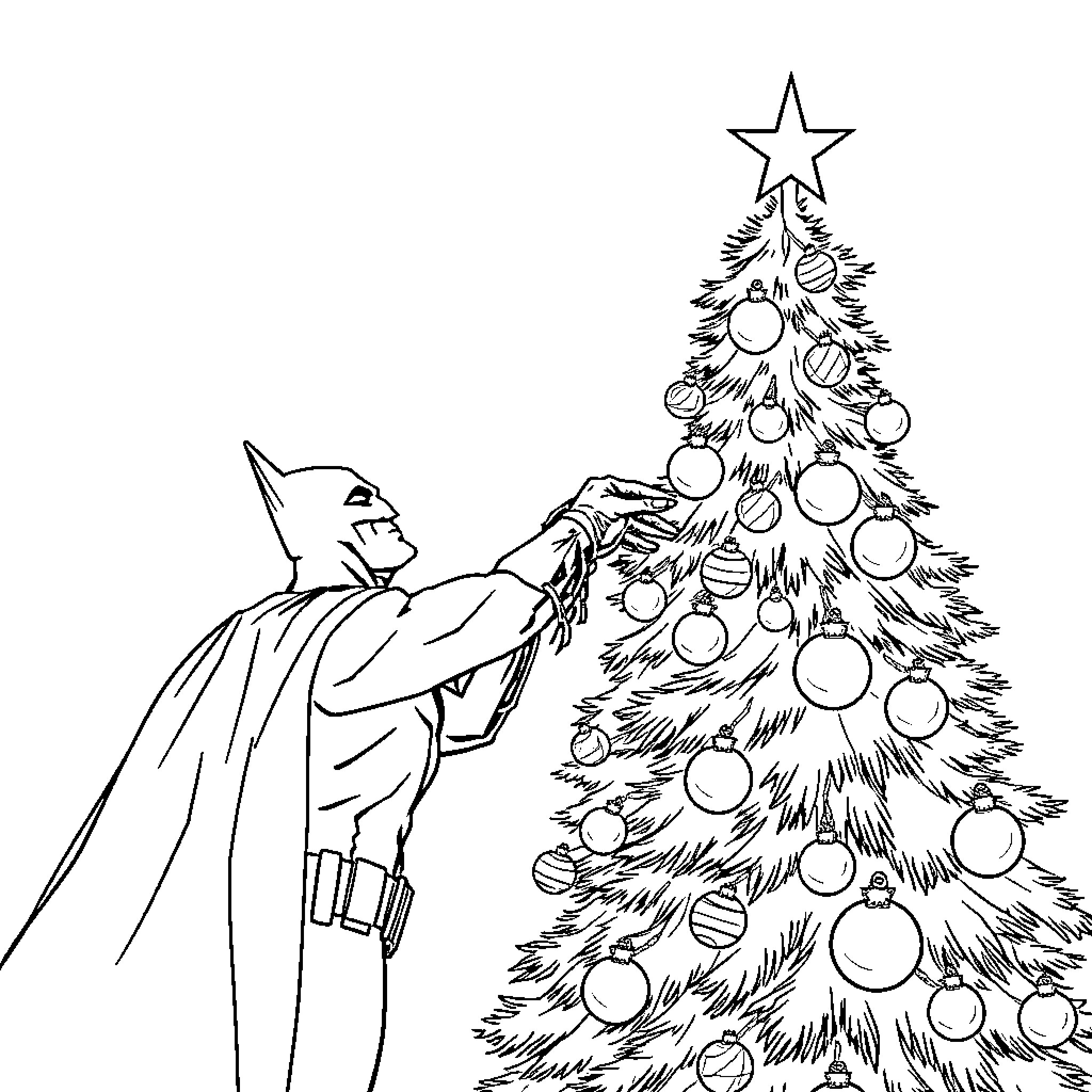 Batman decorating a Christmas tree Coloring Page (free black-and-white line drawing printable PDF for all, from beginners to advanced learners, including children, teens, adults, and seniors)